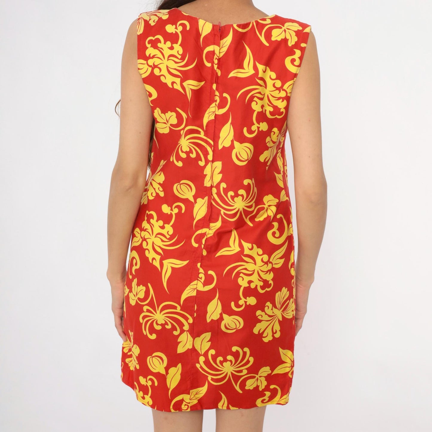 90s Red Floral Shift Dress Yellow Botanical Print Mini Small S