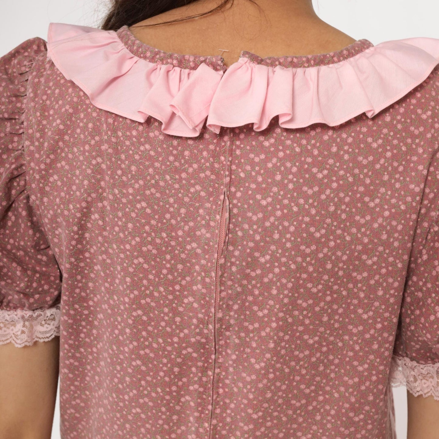 70s Prairie Dress Floral Dusty Rose Puff Sleeve Ruffle Collar Lace Trim Large L