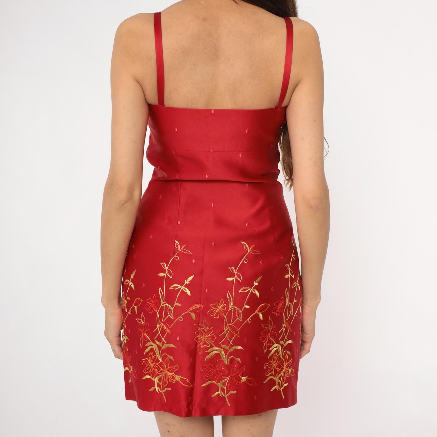 90s Burgundy Mini Dress Gold Embroidered Floral Spaghetti Strap Small
