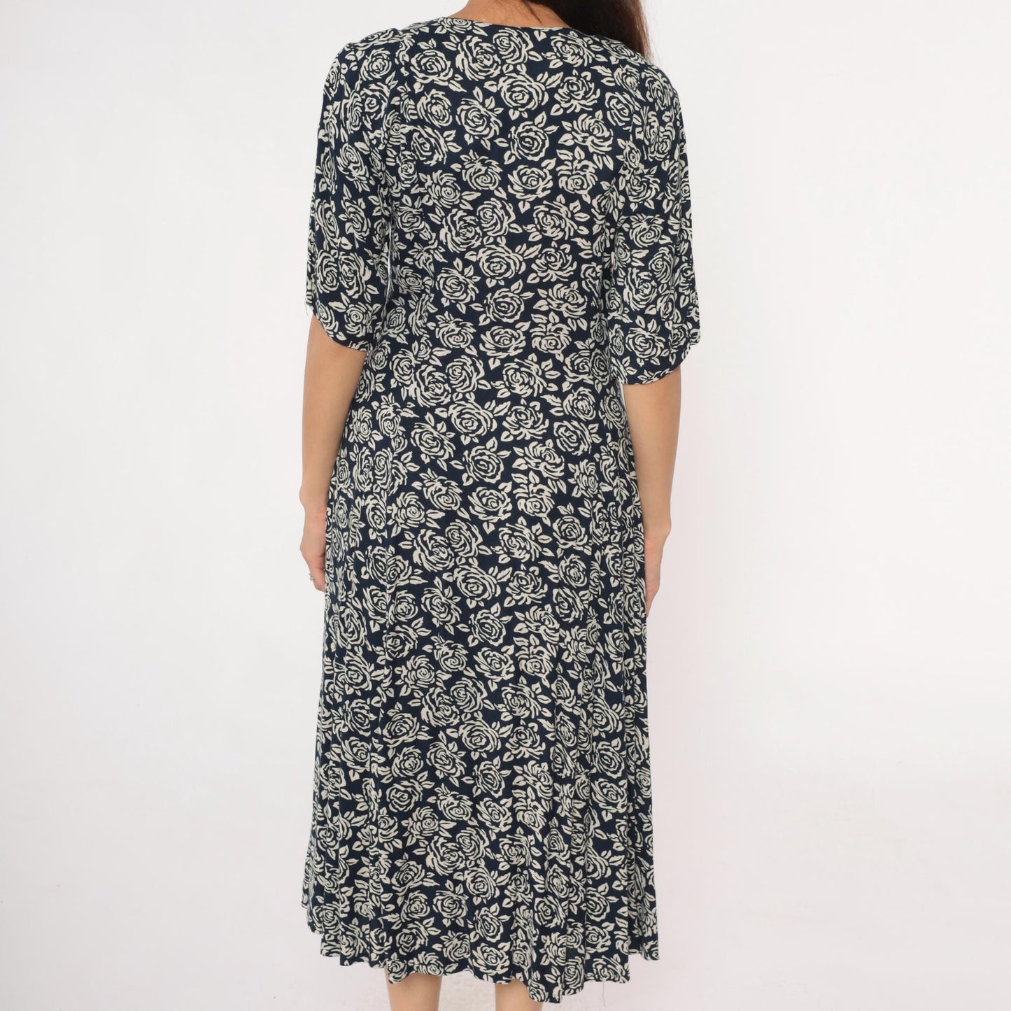 90s Floral Midi Dress Navy Cream Rose Print Wrap V-Neck Rayon Medium M