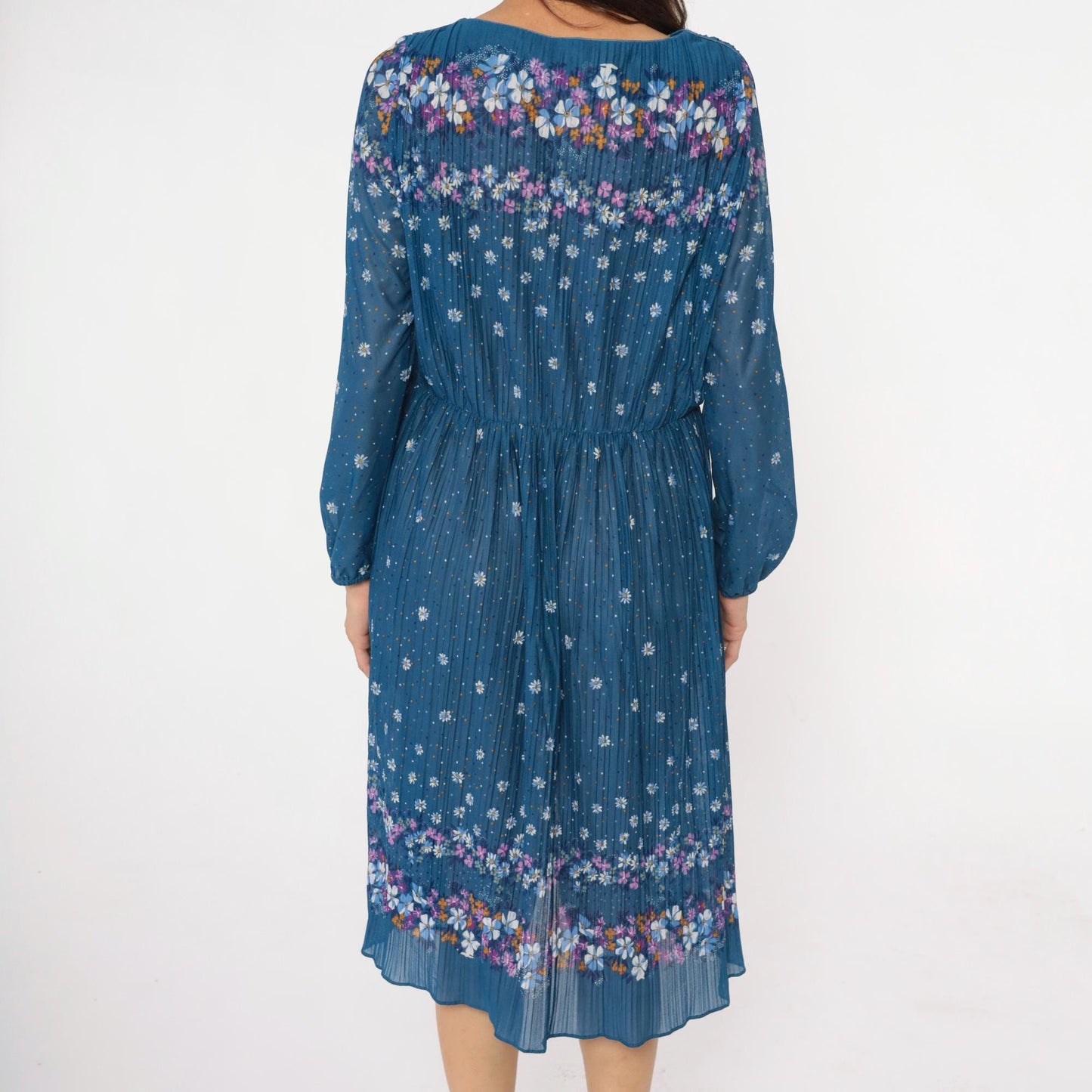 80s Malouf of Dallas Floral Midi Dress Blue Pleated Long Sleeve Medium