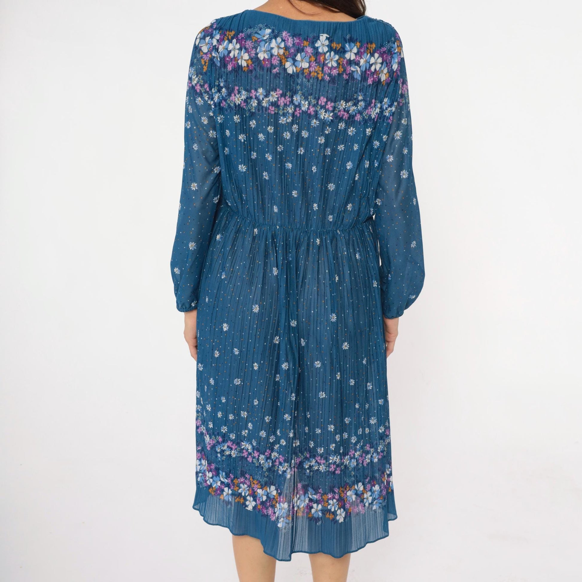 80s Malouf of Dallas Floral Midi Dress Blue Pleated Long Sleeve Medium