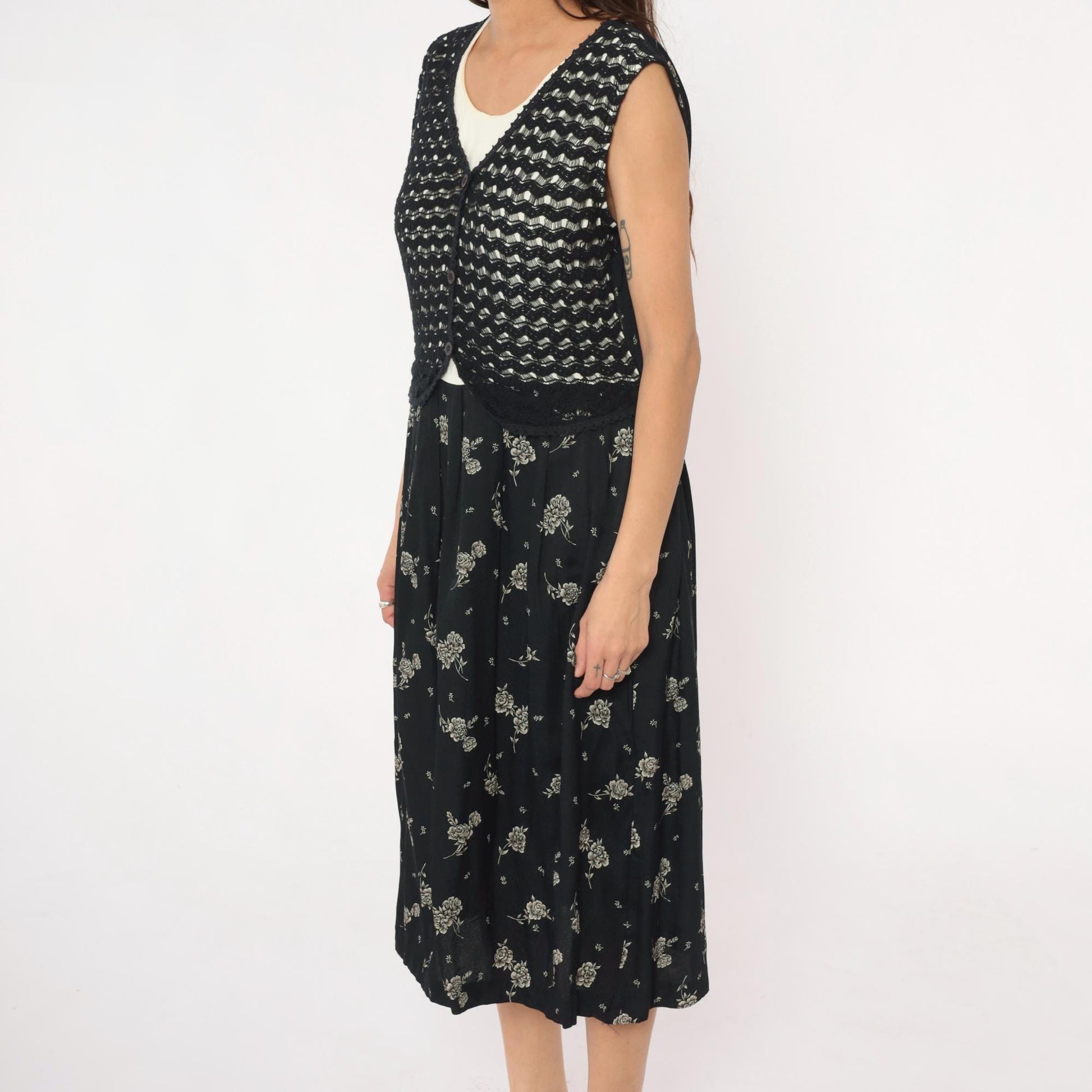 90s Molly Malloy Black Floral Midi Dress with Knit Vest Overlay Small