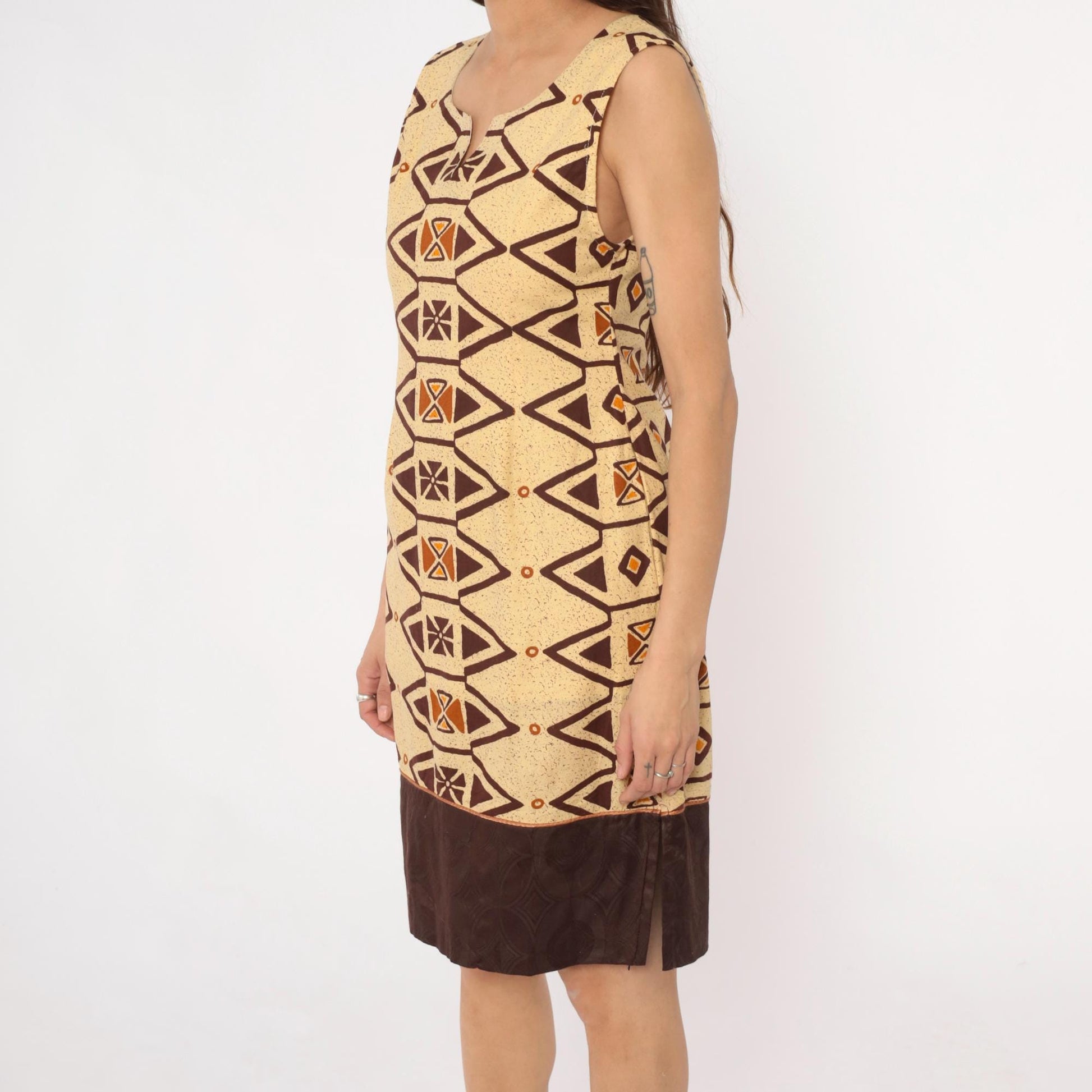 Y2K Southwestern Geometric Shift Dress Cream Brown Orange Tribal Print Extra Small XS