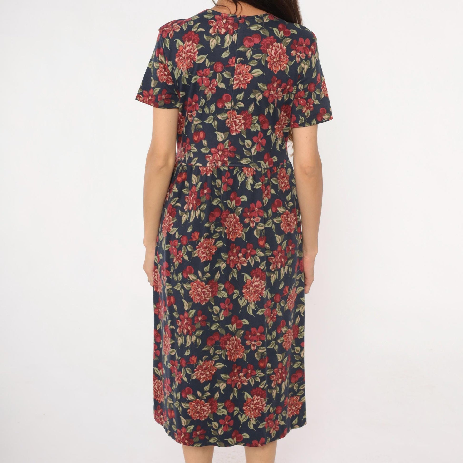 90s Talbots Floral Midi Dress Navy Dahlia Cotton Small