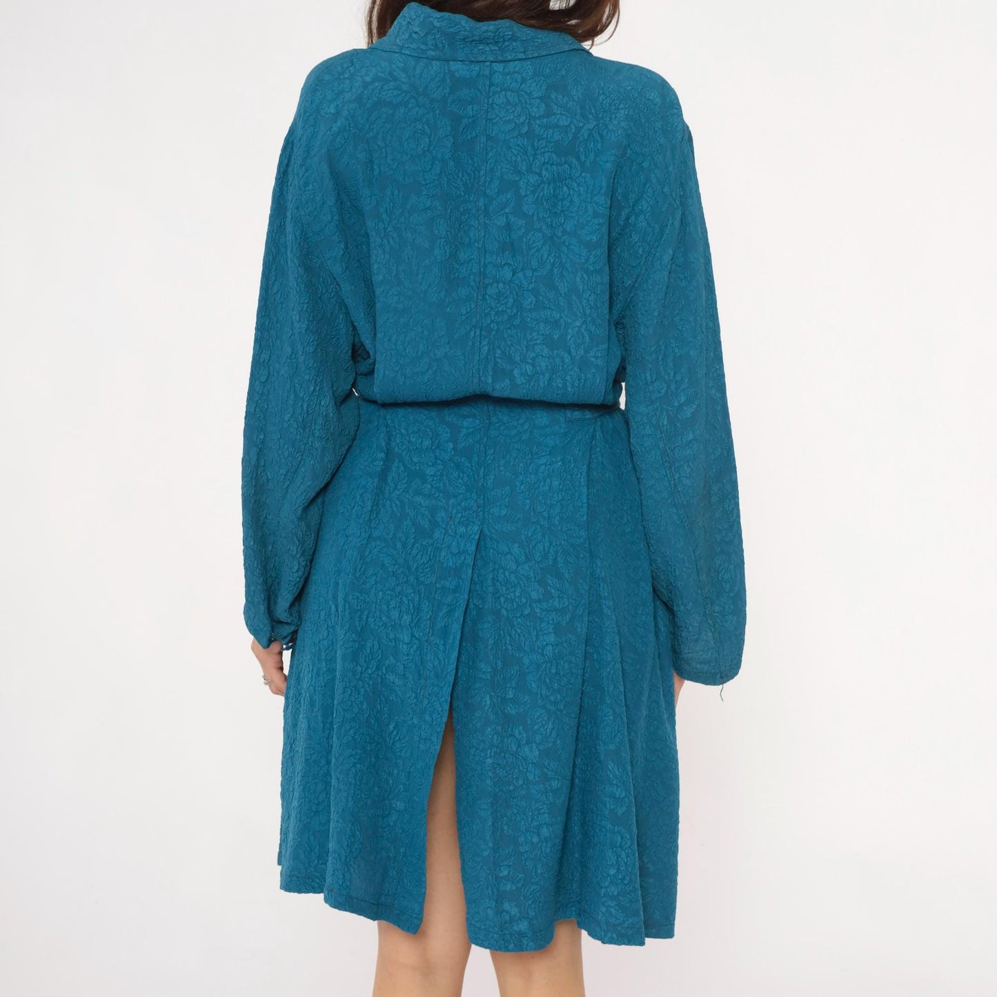 Y2K Teal Jacquard Floral Duster Robe Tie Belt Collared Long Sleeve Large