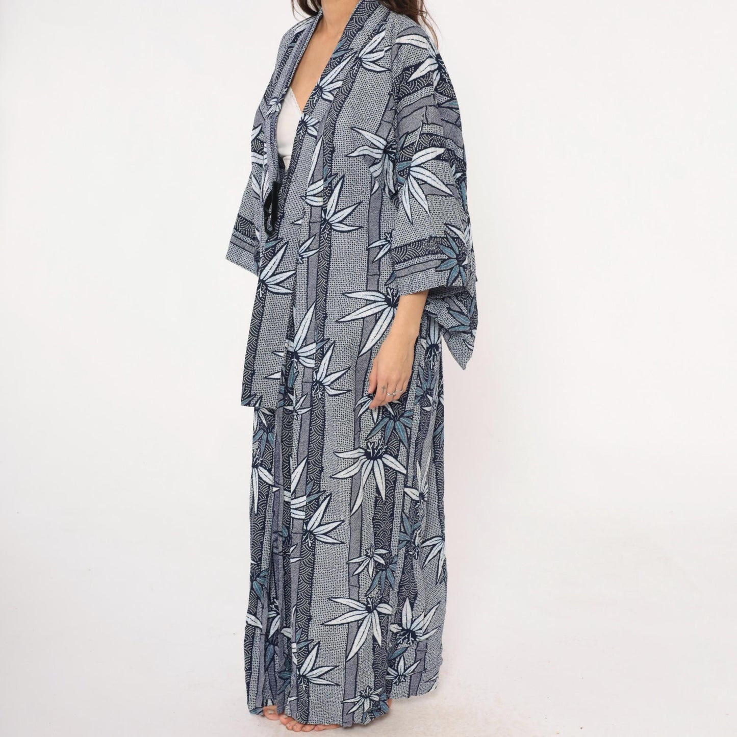 80s Blue White Botanical Kimono Robe Maxi Floral Leaf Print Medium