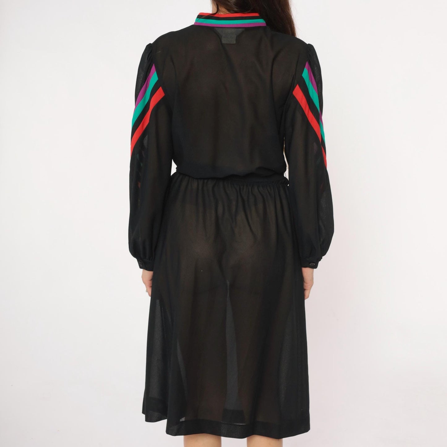 80s Blair Black Dress Striped Trim Stand Collar Long Sleeve Knee Length Medium