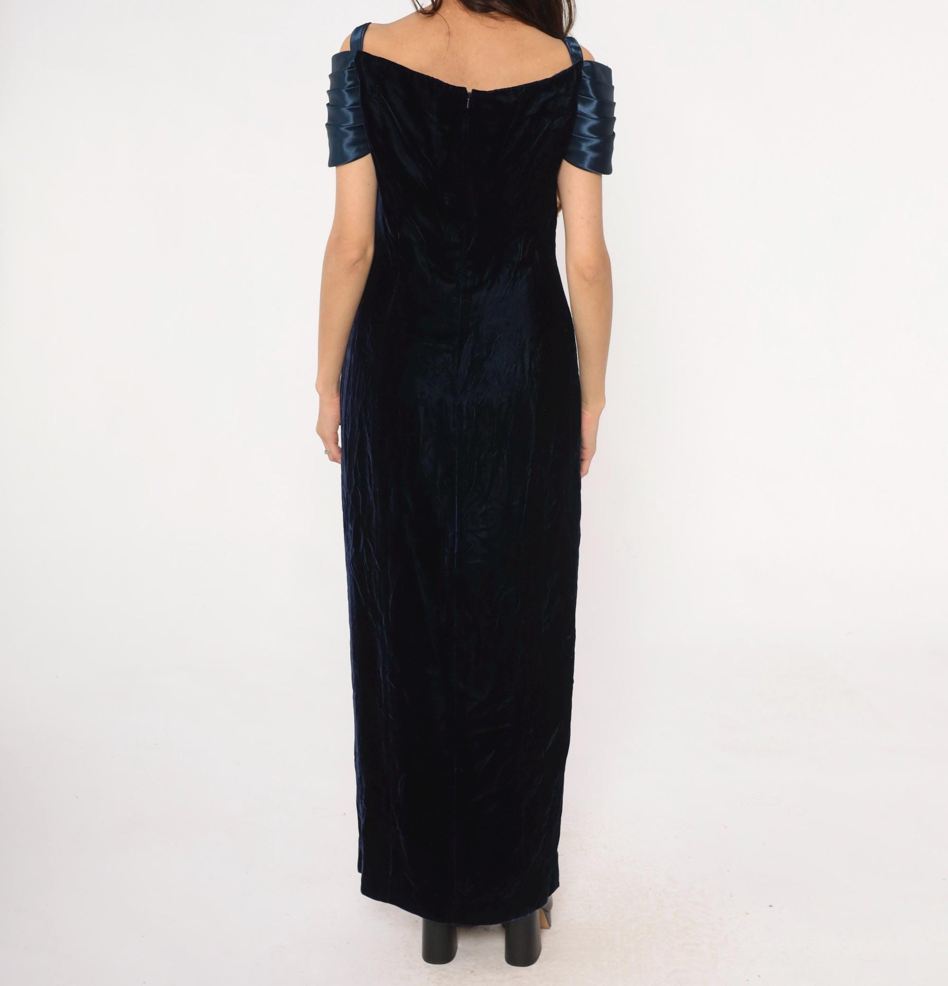 90s Navy Velvet Maxi Dress Off-Shoulder Bow Rhinestone Medium
