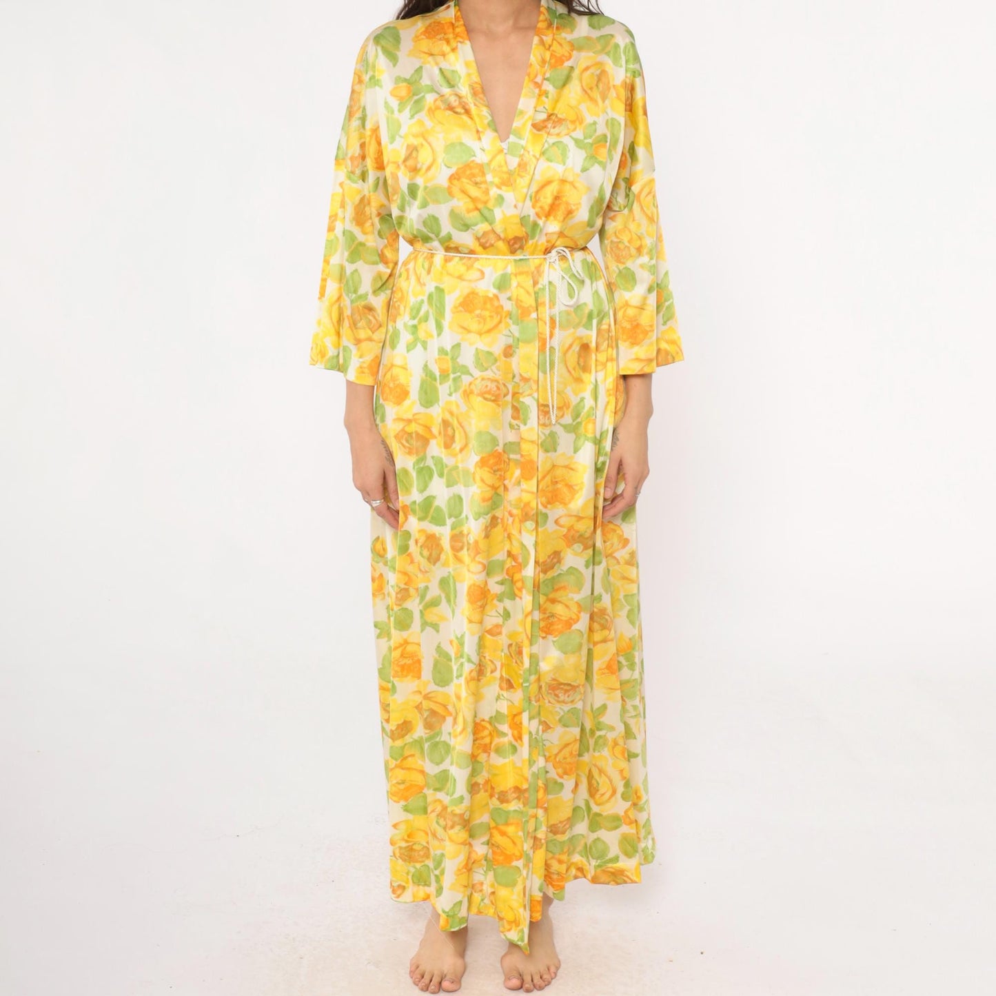 80s Vanity Fair Yellow Rose Floral Robe Maxi Duster Shawl Collar Medium