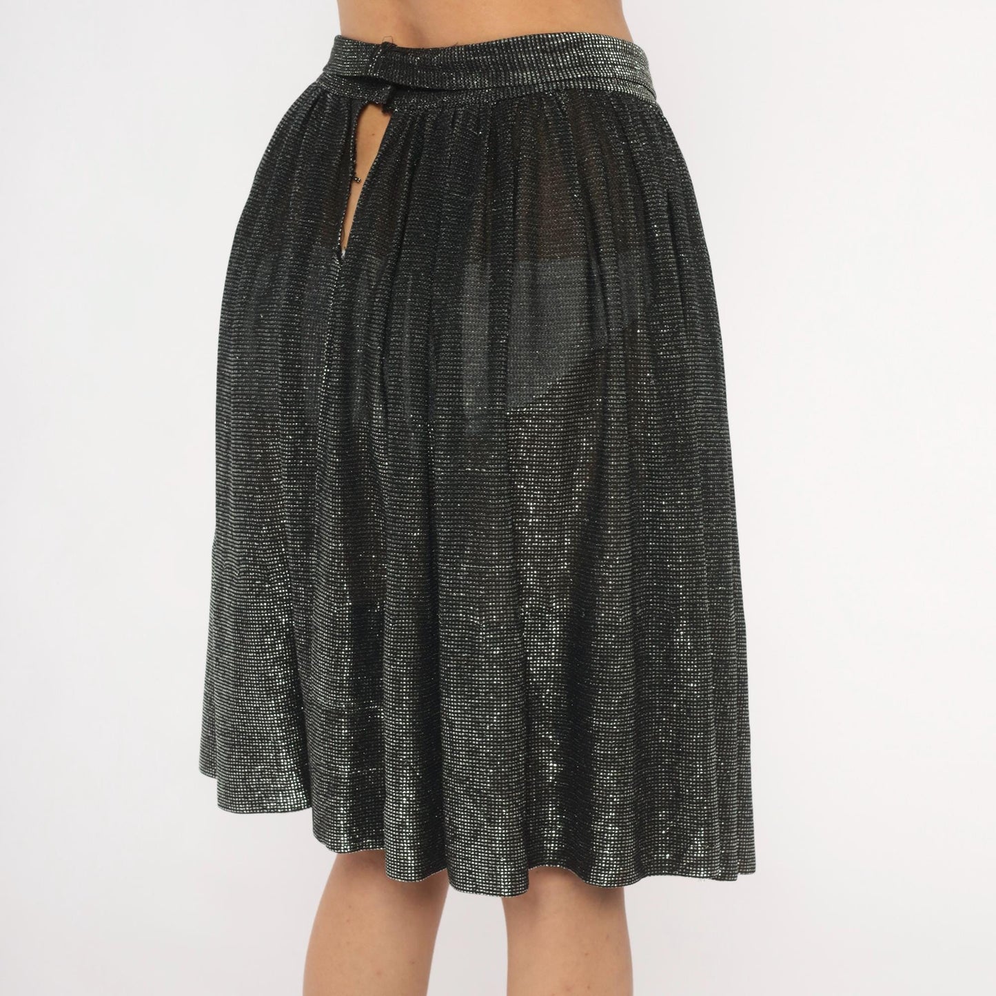 90s Black Silver Metallic Gathered Skirt Knee-Length Shimmer Small S