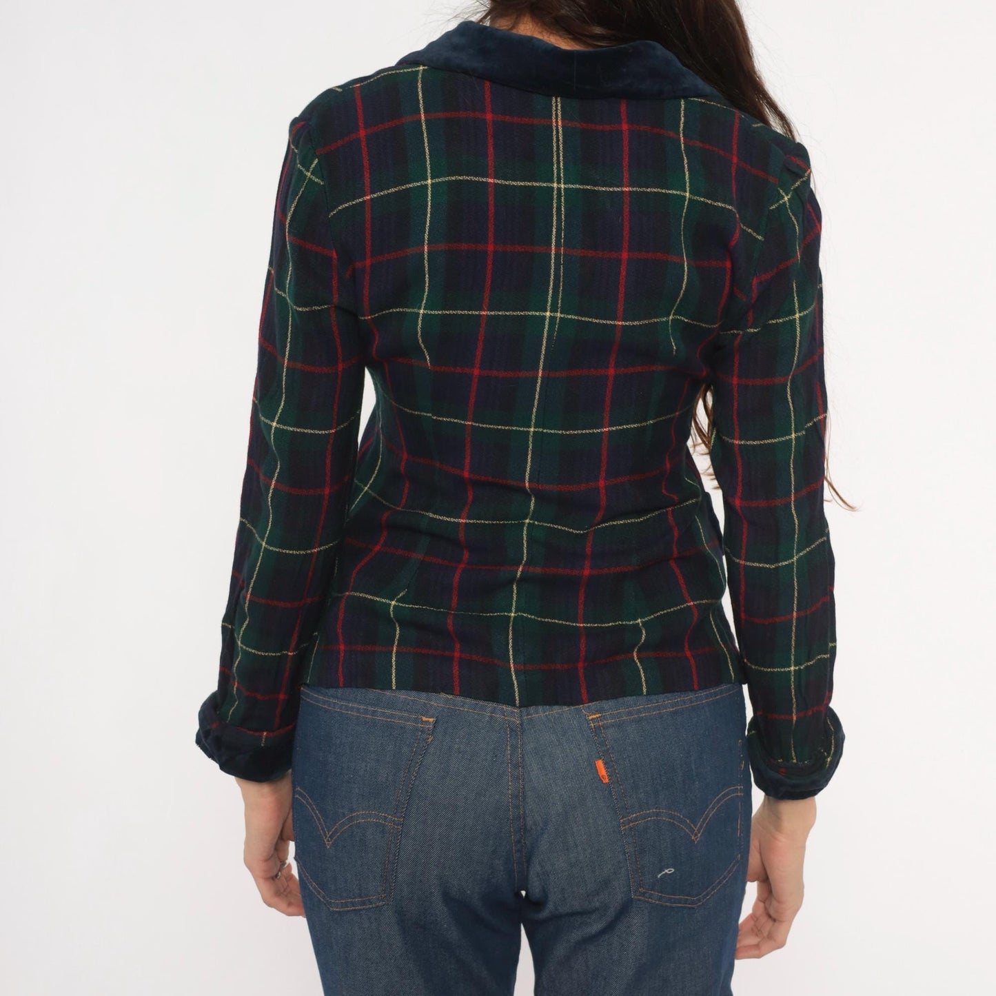 90s Dani Max Tartan Plaid Blazer Velvet Collar Navy Green Red Small S