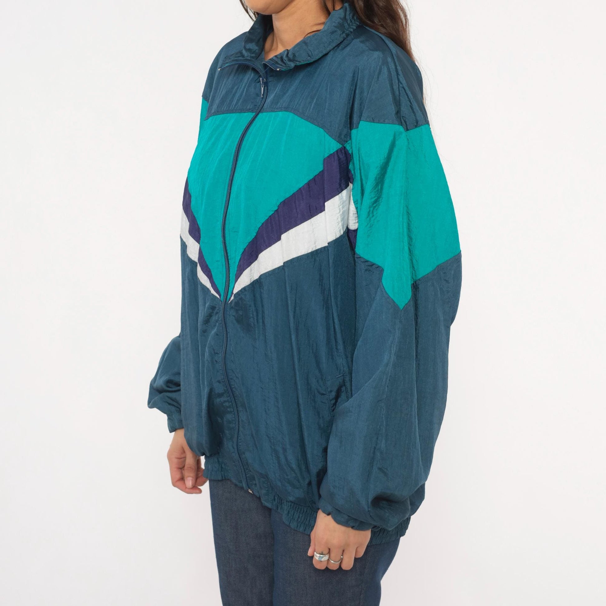 90s Champs Style Windbreaker Chevron Colorblock Teal Navy Purple XL