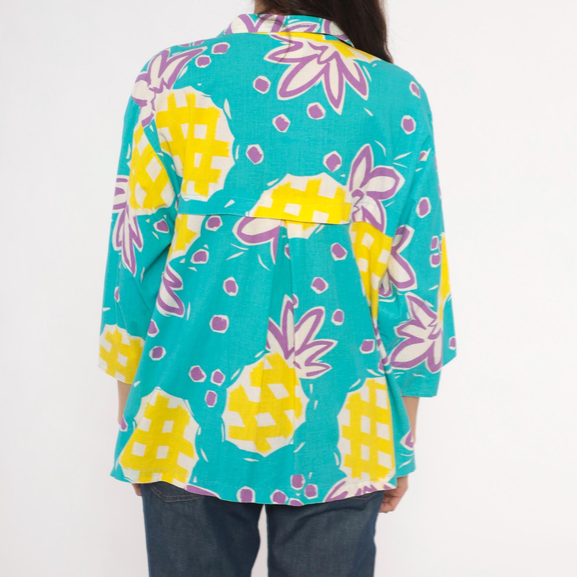 90s Young Hawaii Pineapple Print Blouse Teal Yellow V-Neck Large L