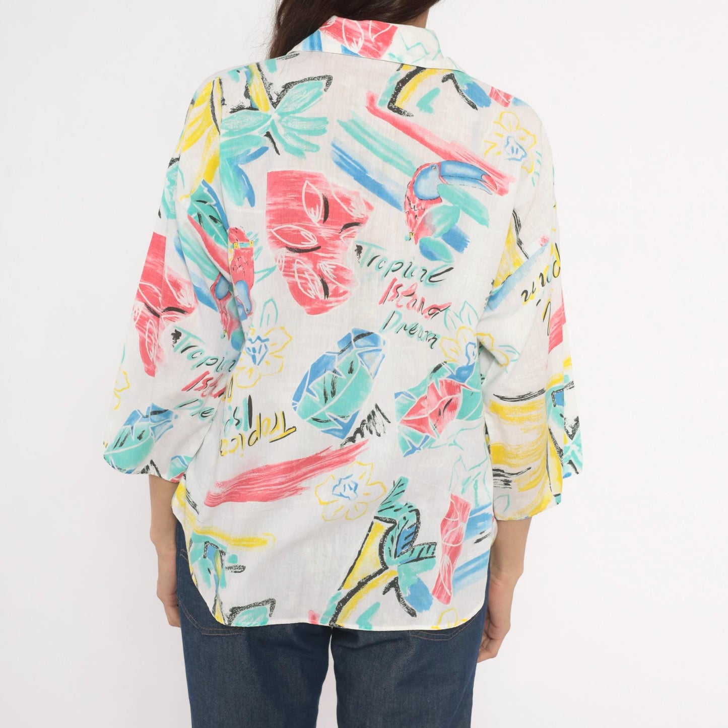 80s Touche LA Tropical Toucan Shirt White Pink Teal Bird Print Large L