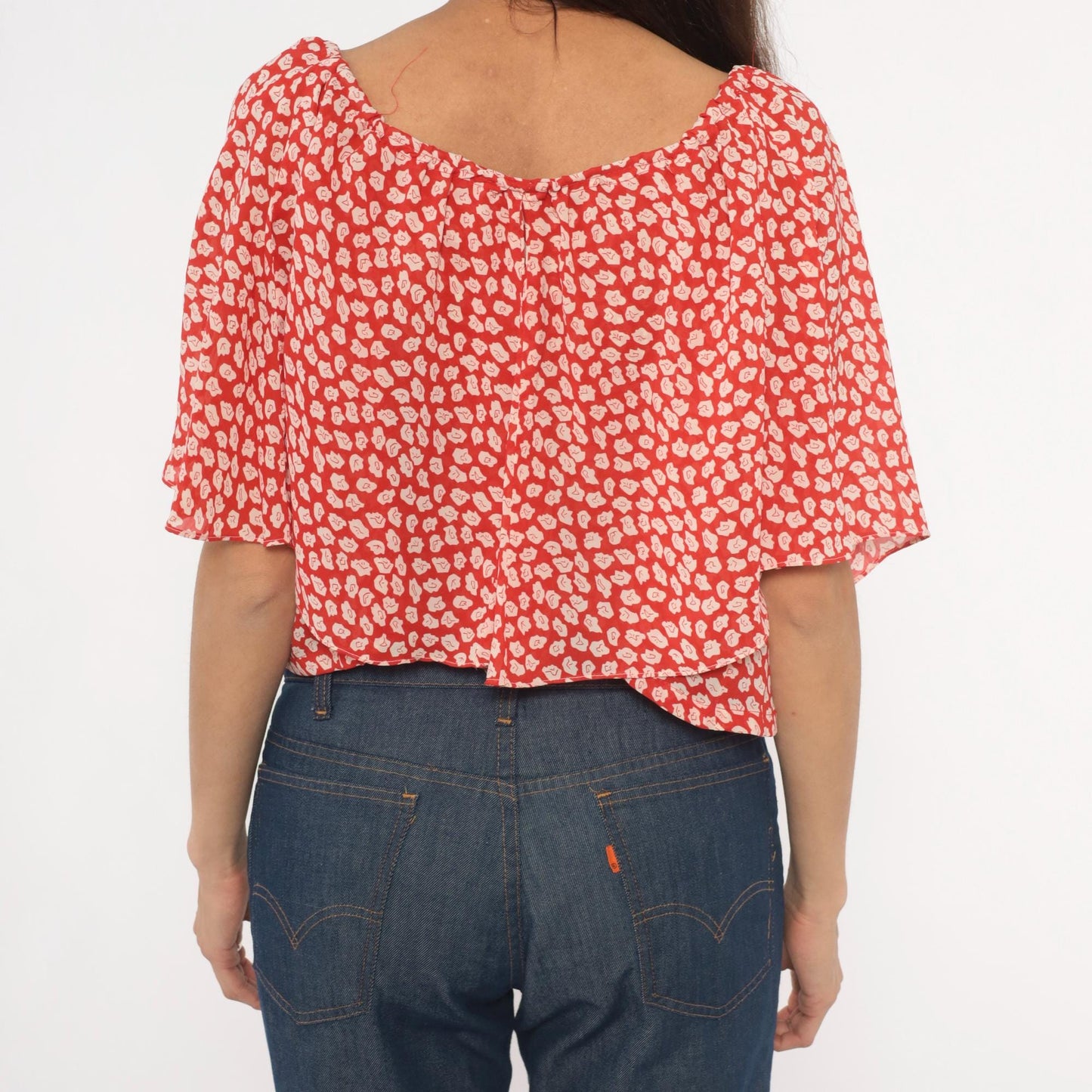 90s Red Floral Off-Shoulder Crop Top Flutter Sleeve White Leaf Print Small