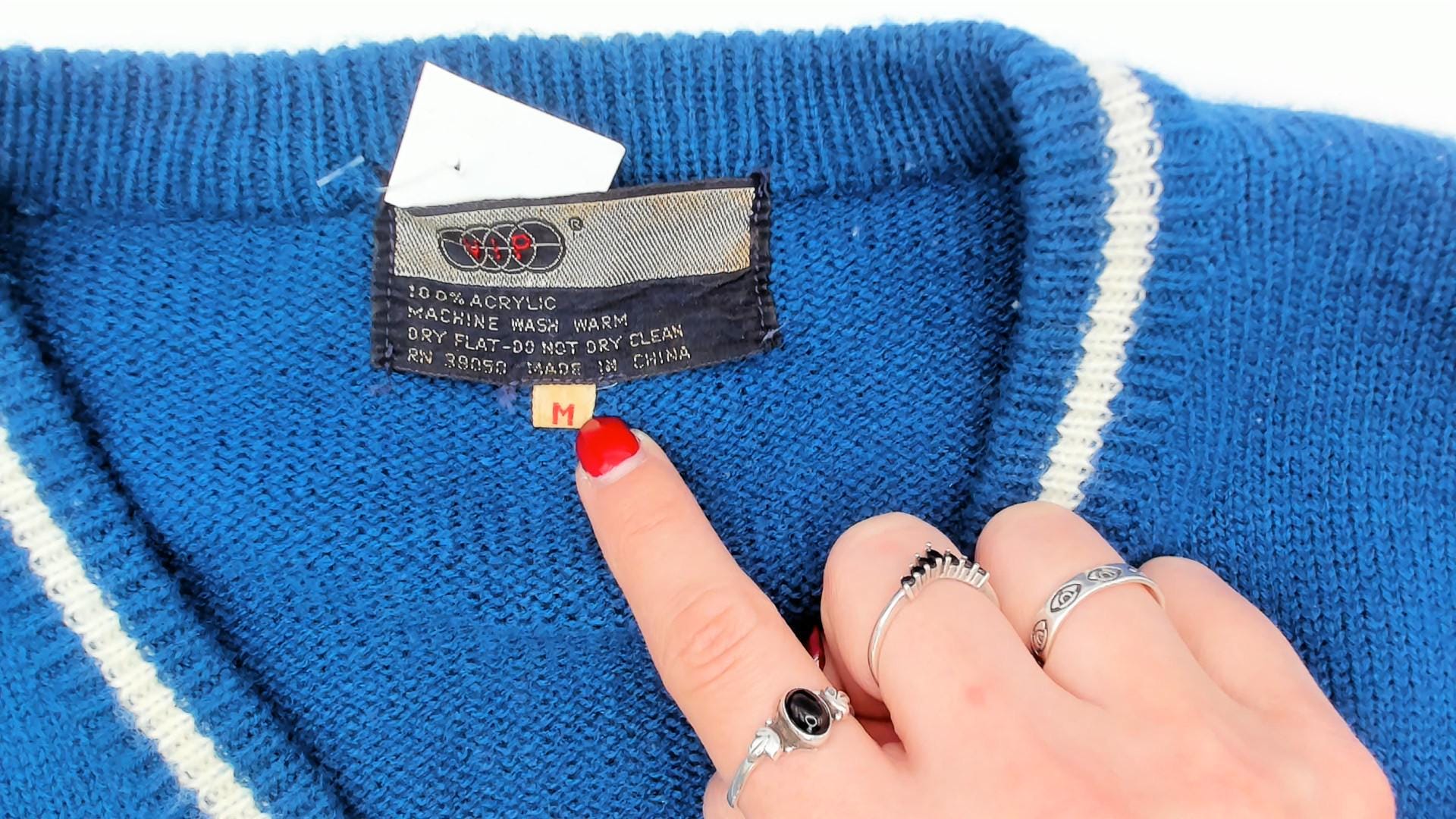 80s VIP Blue Knit Sweater Vest V-Neck Striped Trim Cricket Style Large