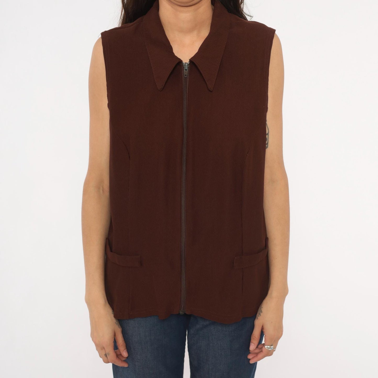 90s New Woman Brown Ribbed Knit Vest Pointed Collar Zip-Front Extra Large XL