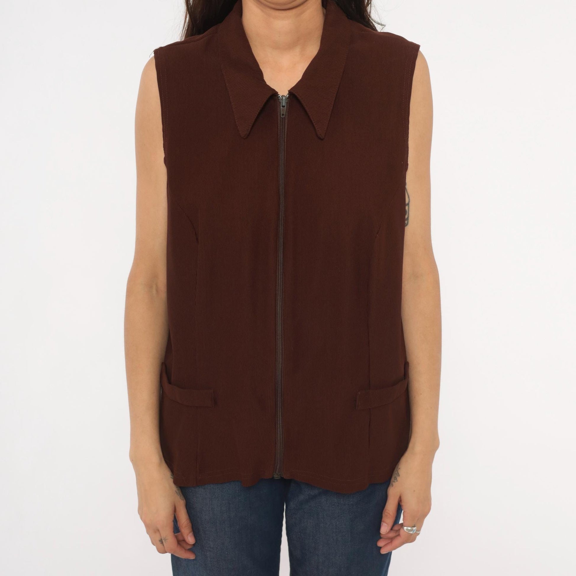 90s New Woman Brown Ribbed Knit Vest Pointed Collar Zip-Front Extra Large XL