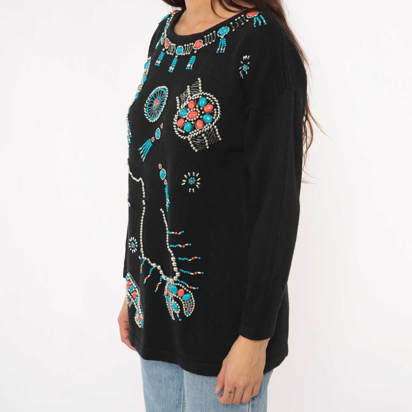 90s Victoria Jones Southwestern Sweatshirt Black Beaded Turquoise Coral Large L