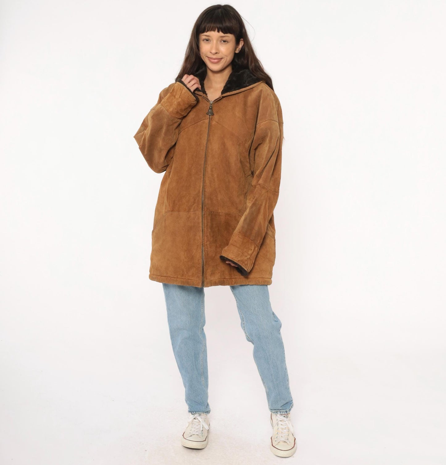 90s Tan Leather Hooded Jacket Faux Fur Lining Black Trim Large L