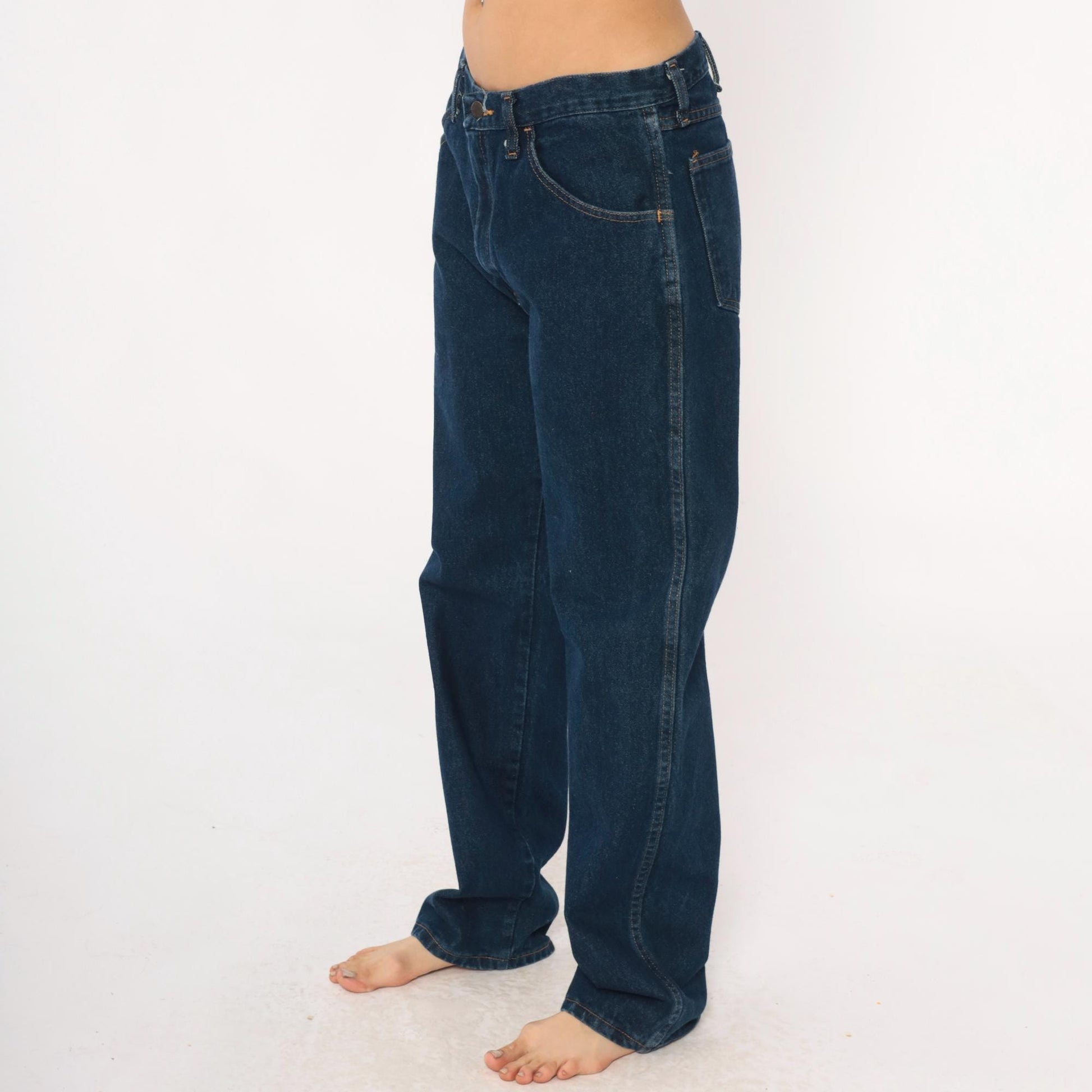 90s Rustler Dark Denim High Rise Straight Leg Jeans Navy Blue 34W