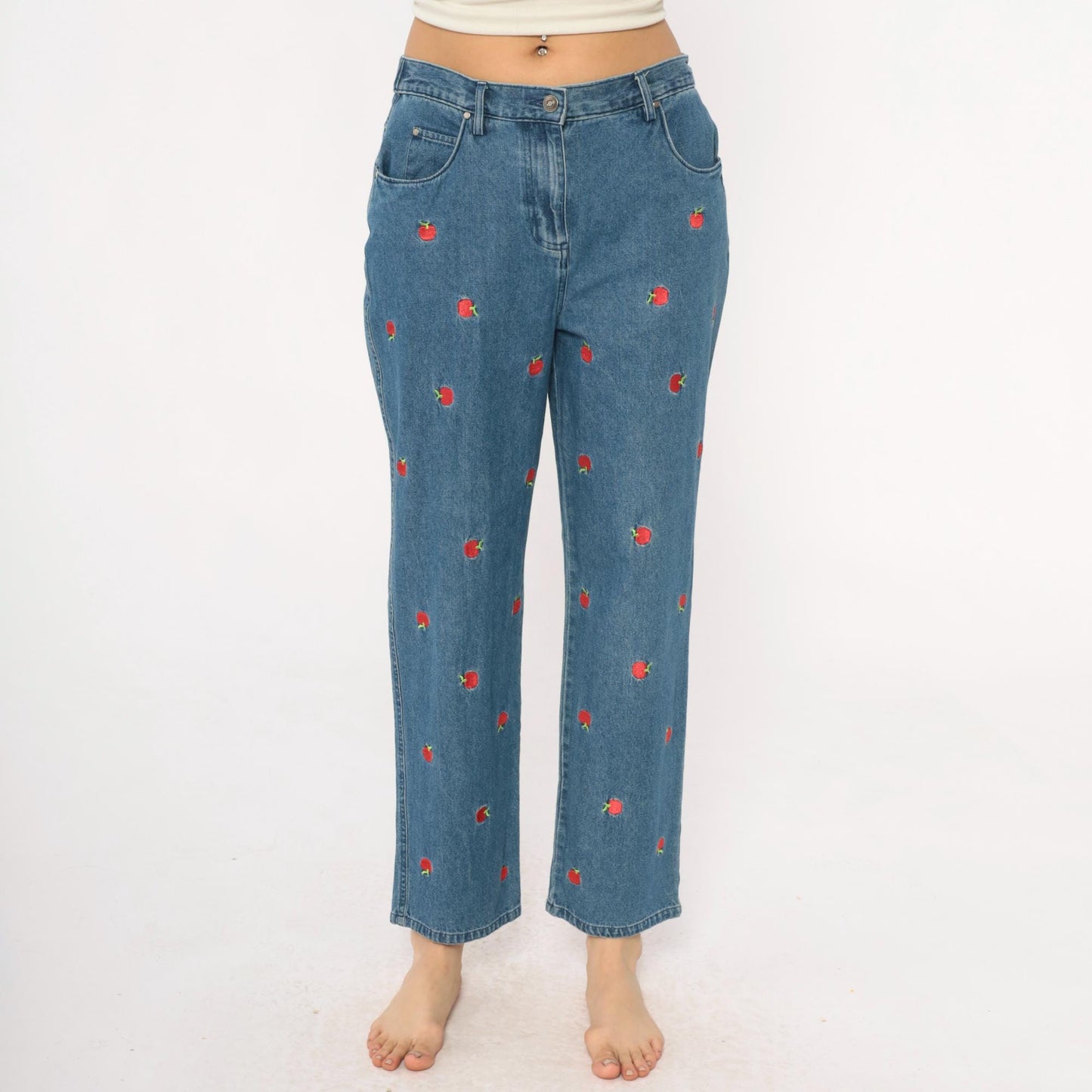 90s Breckenridge Petite Apple Embroidered Jeans Cropped High Waist Blue Small