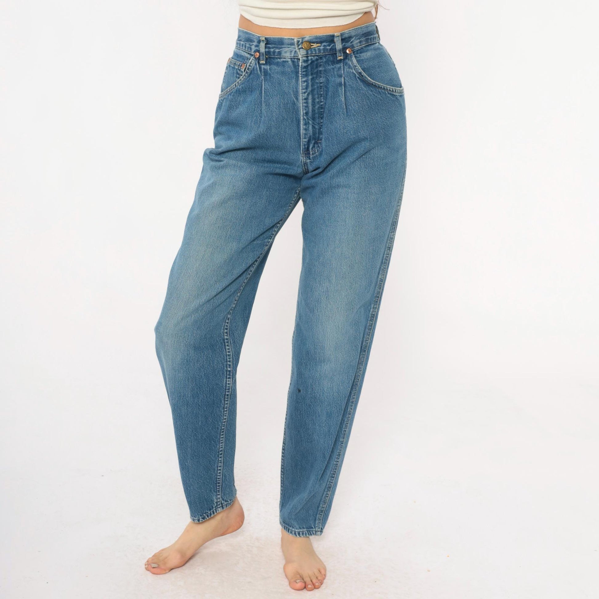 80s Lee High-Waist Denim Jeans Light Blue Tapered Small