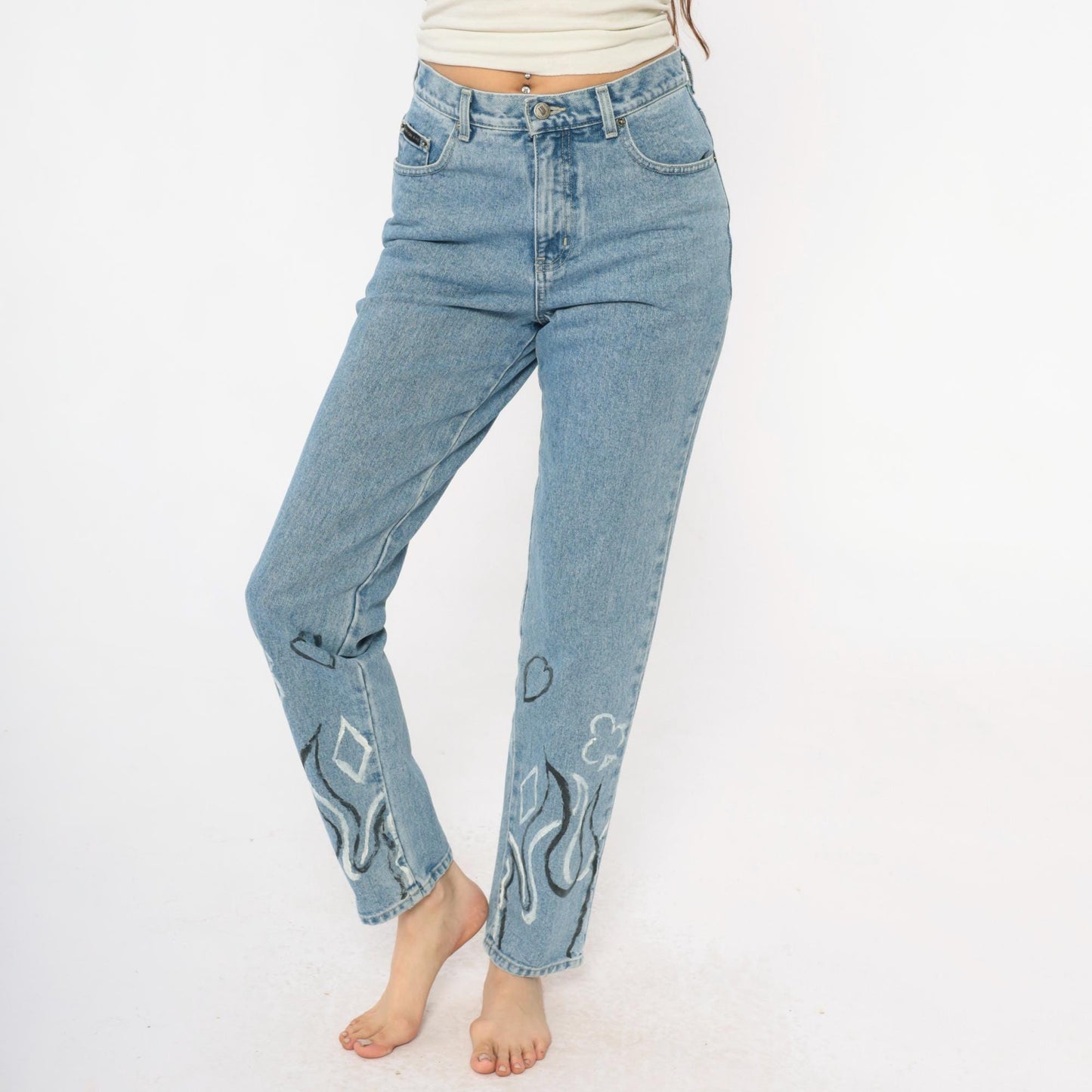 Y2K Light Wash Flame Painted Jeans High Waisted Straight Leg Size 6