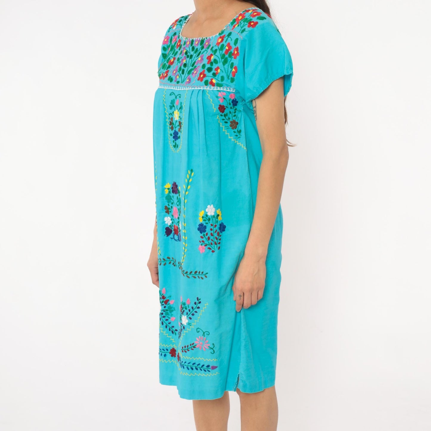 80s Mexican Embroidered Turquoise Cotton Dress Floral Empire Waist Extra Small XS