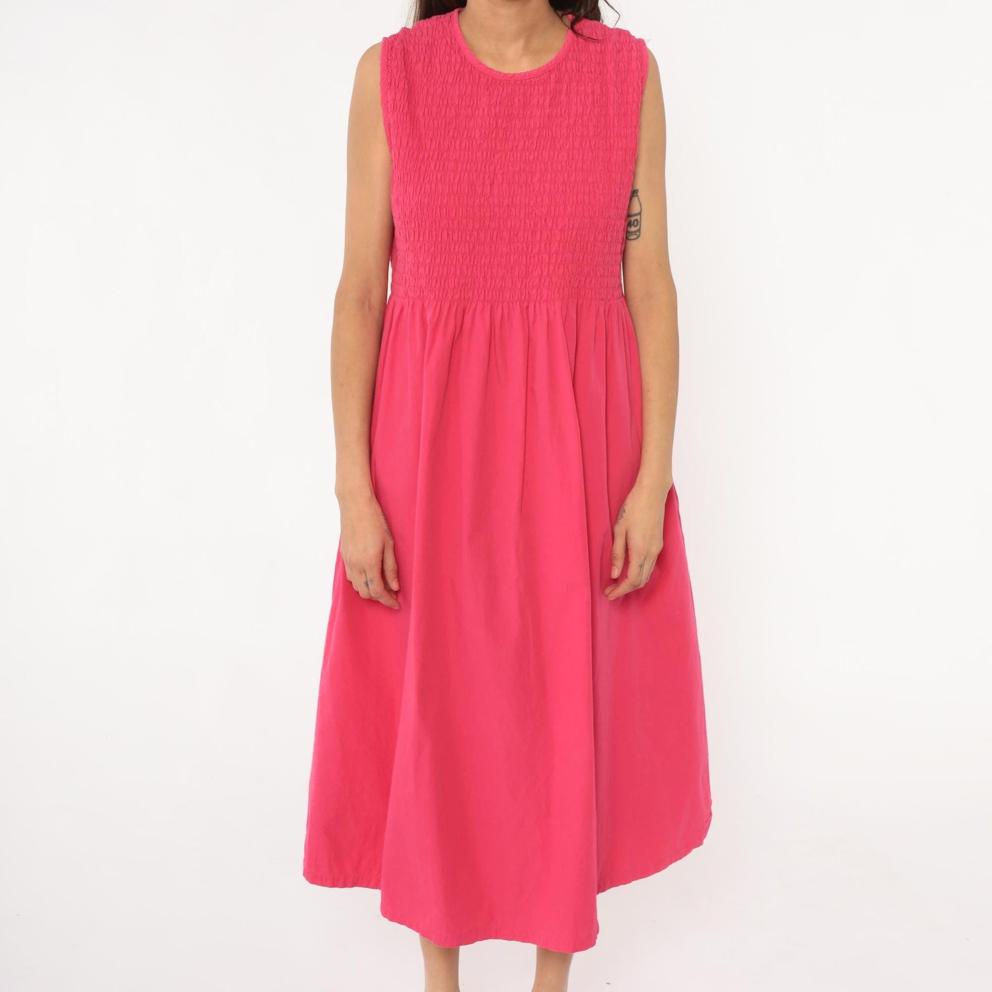 Y2K Coral Pink Maxi Dress Smocked Bodice Cotton Sleeveless Large