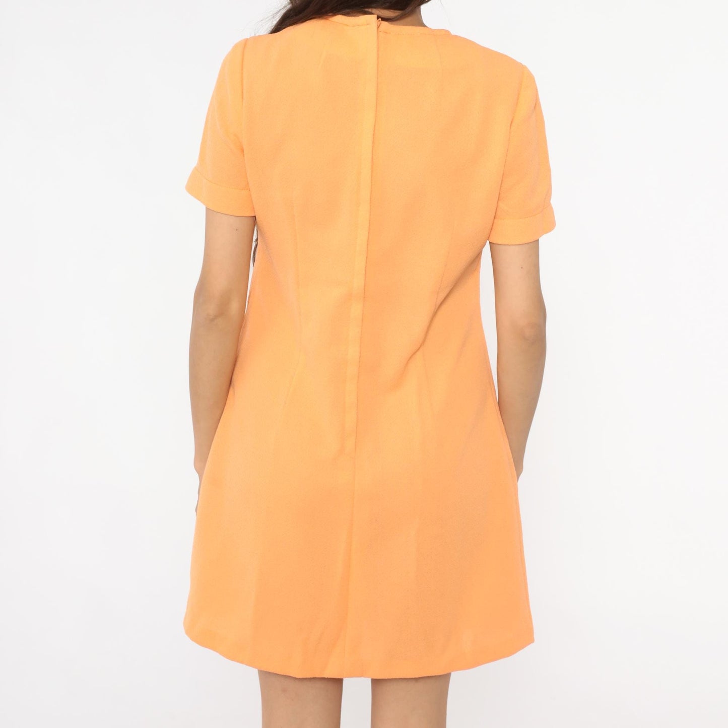 70s Peach Shift Dress A-Line Crew Neck Short Sleeve Knee Length Medium