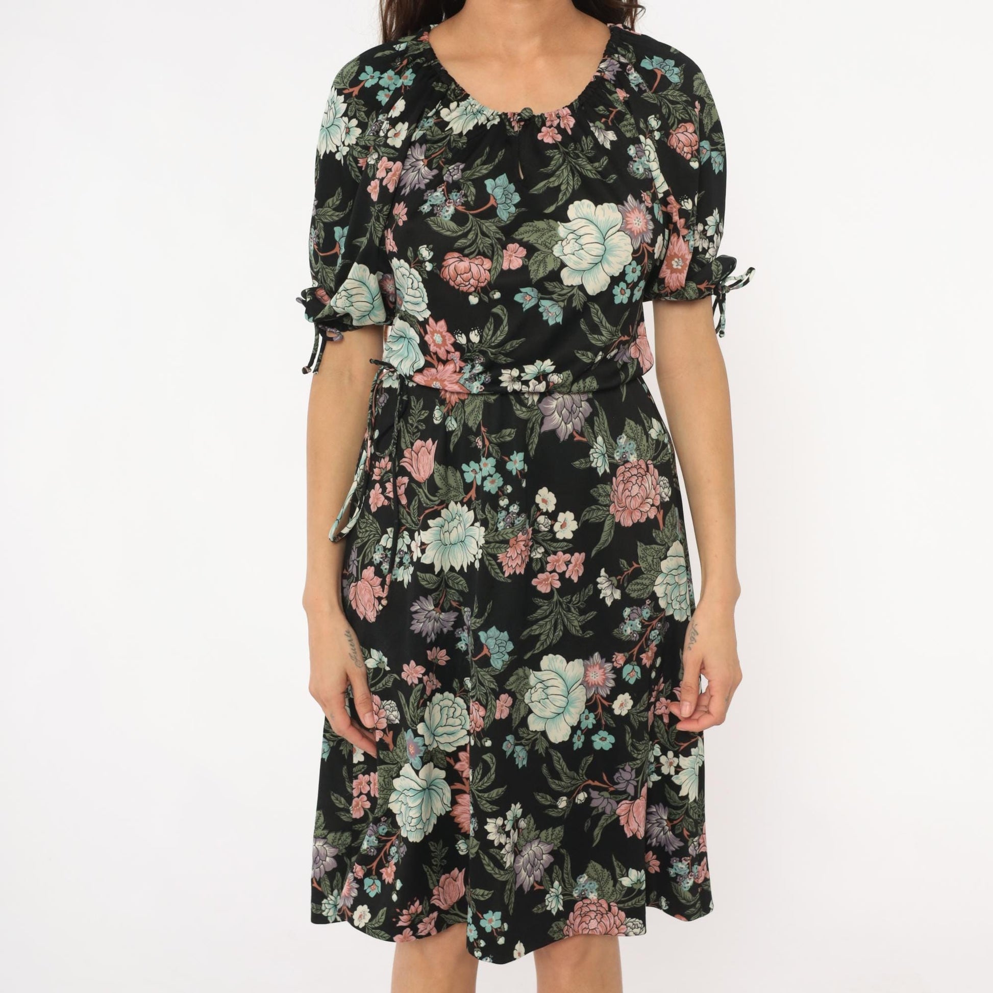 70s Black Floral Midi Dress Mint Pink Coral Tie Sleeve Small