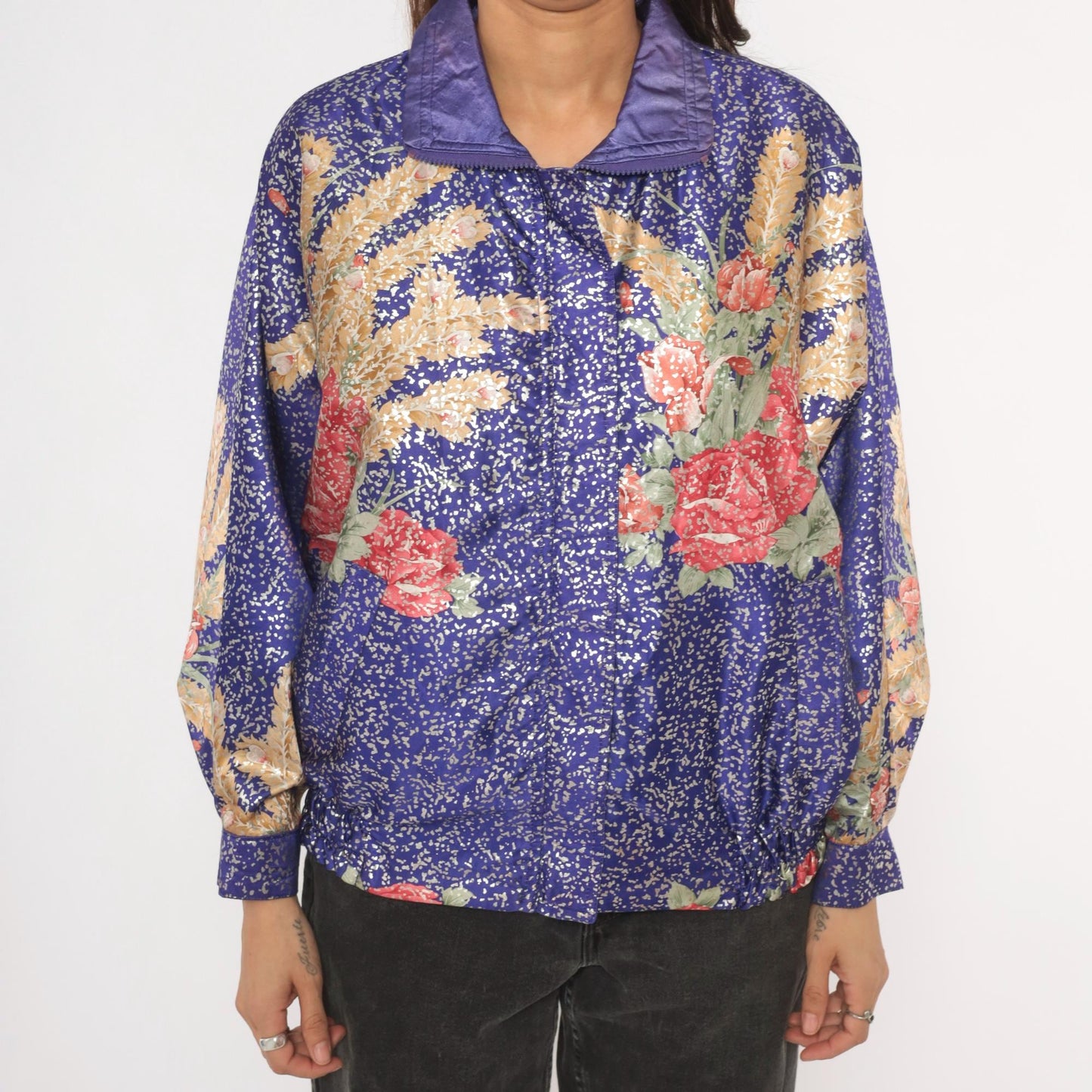 90s GDT Too Floral Metallic Bomber Jacket Purple Gold Reversible Satin Small Medium