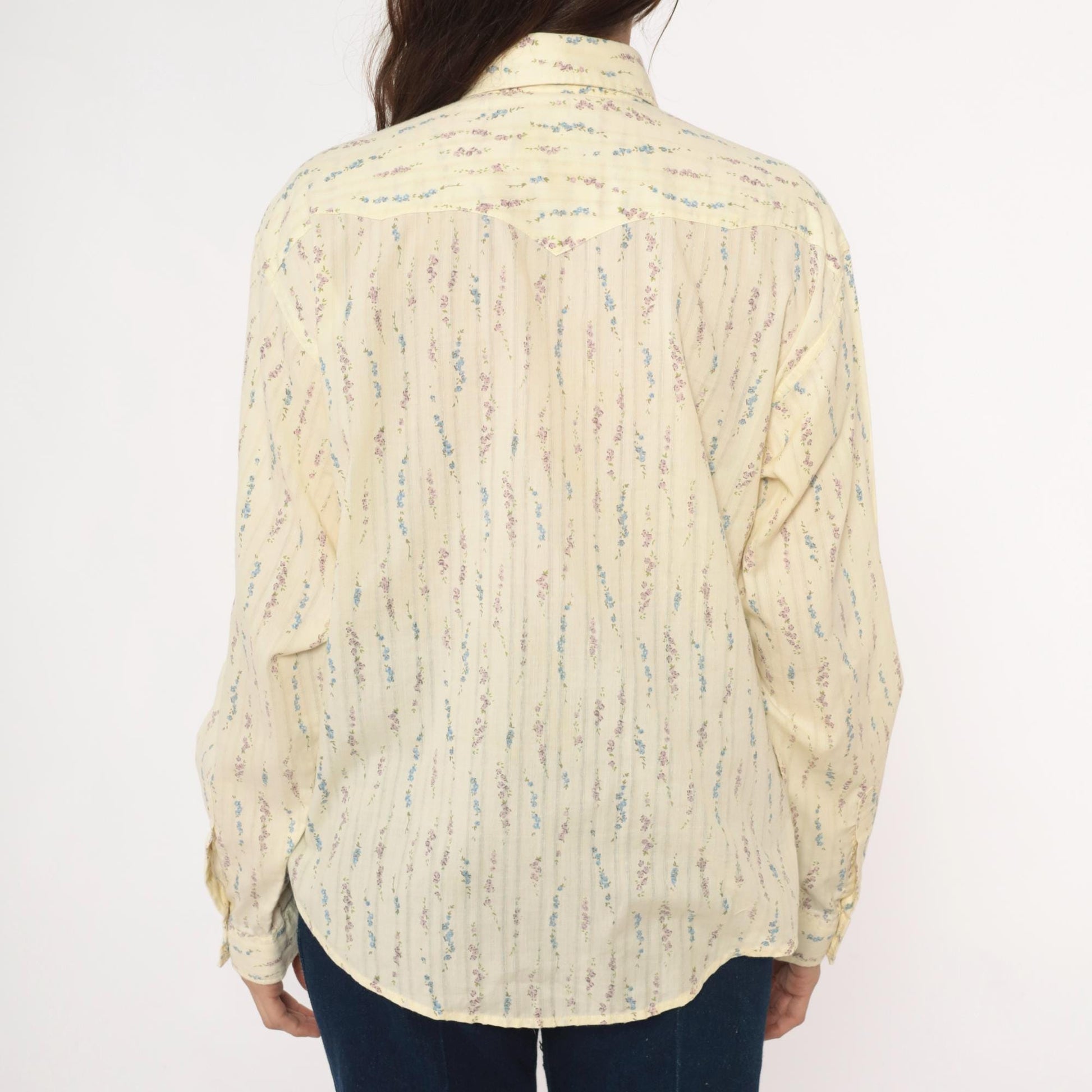Y2K White Horse Western Shirt Pearl Snap Floral Stripe Cream Large L