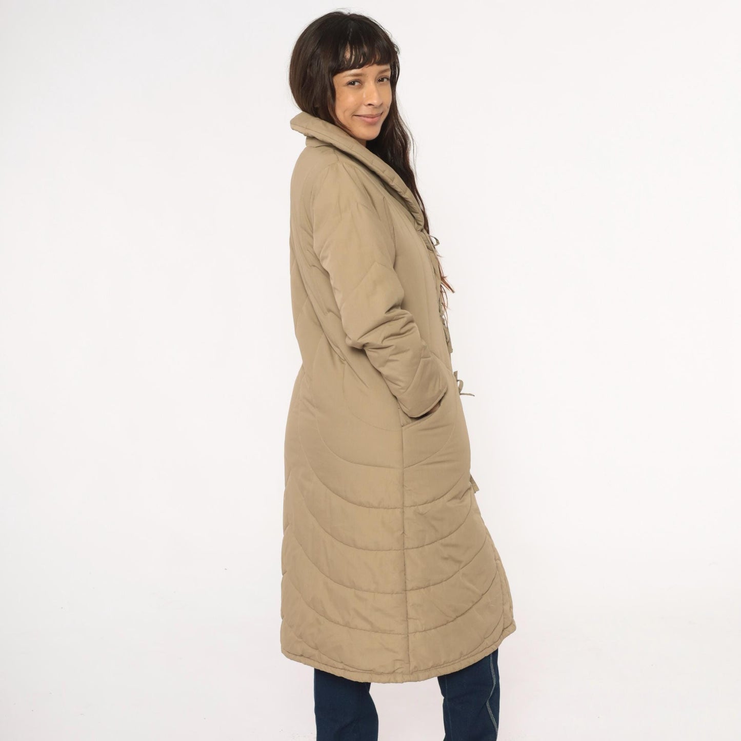 80s Tan Quilted Parka Jacket Chevron Shawl Collar Tie Front Duster Extra Small XS