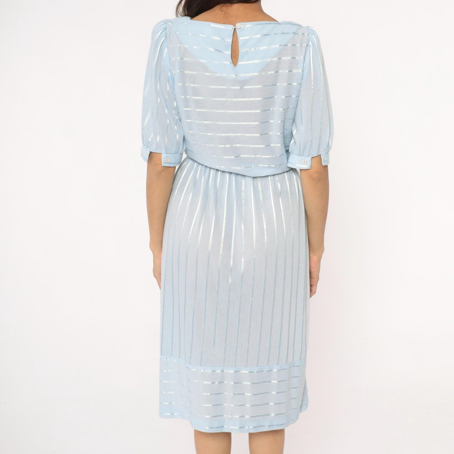 80s Baby Blue Striped Midi Dress Puff Sleeve Boat Neck Cotton Medium