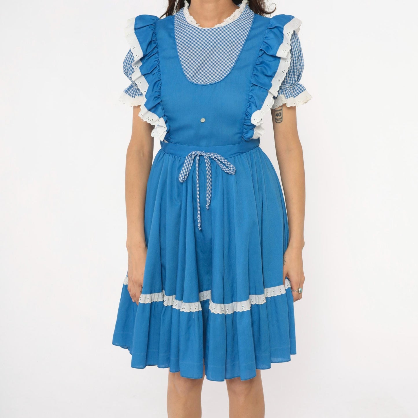 80s Jeri Bee Blue Gingham Pinafore Dress Eyelet Lace Puff Sleeve Small Medium