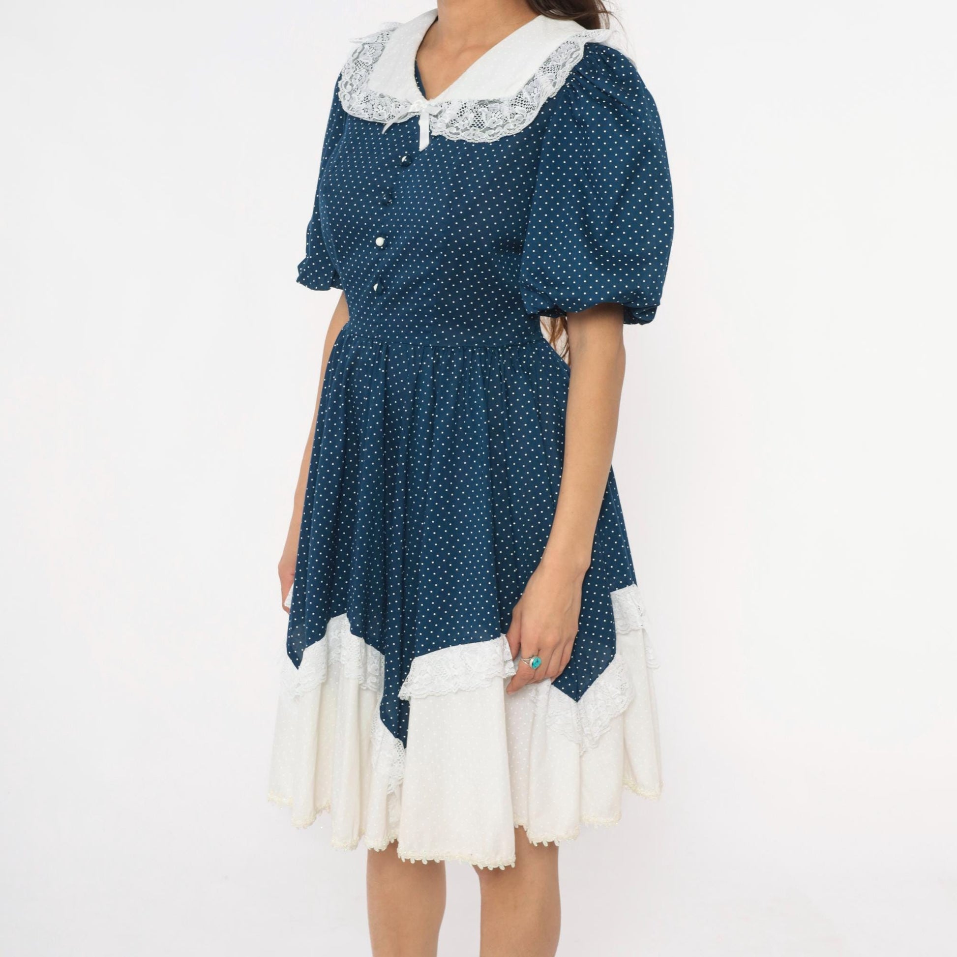 80s Navy Polka Dot Dress Puff Sleeve Lace Collar Handkerchief Hem Medium M