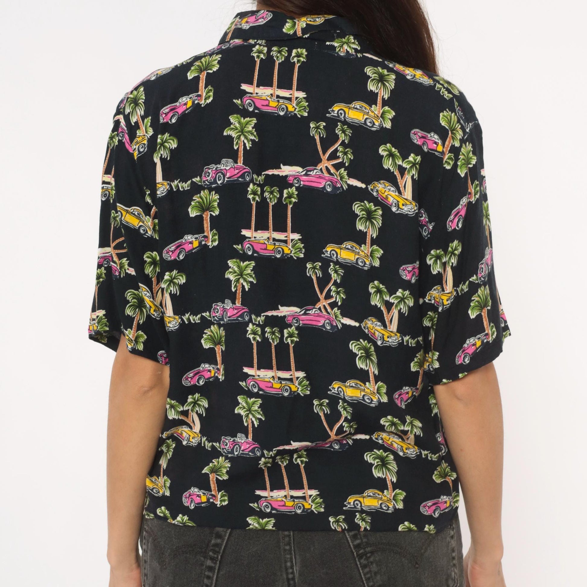 90s Classic Cars Hawaiian Shirt Black Pink Yellow Palm Tree Camp Collar XS