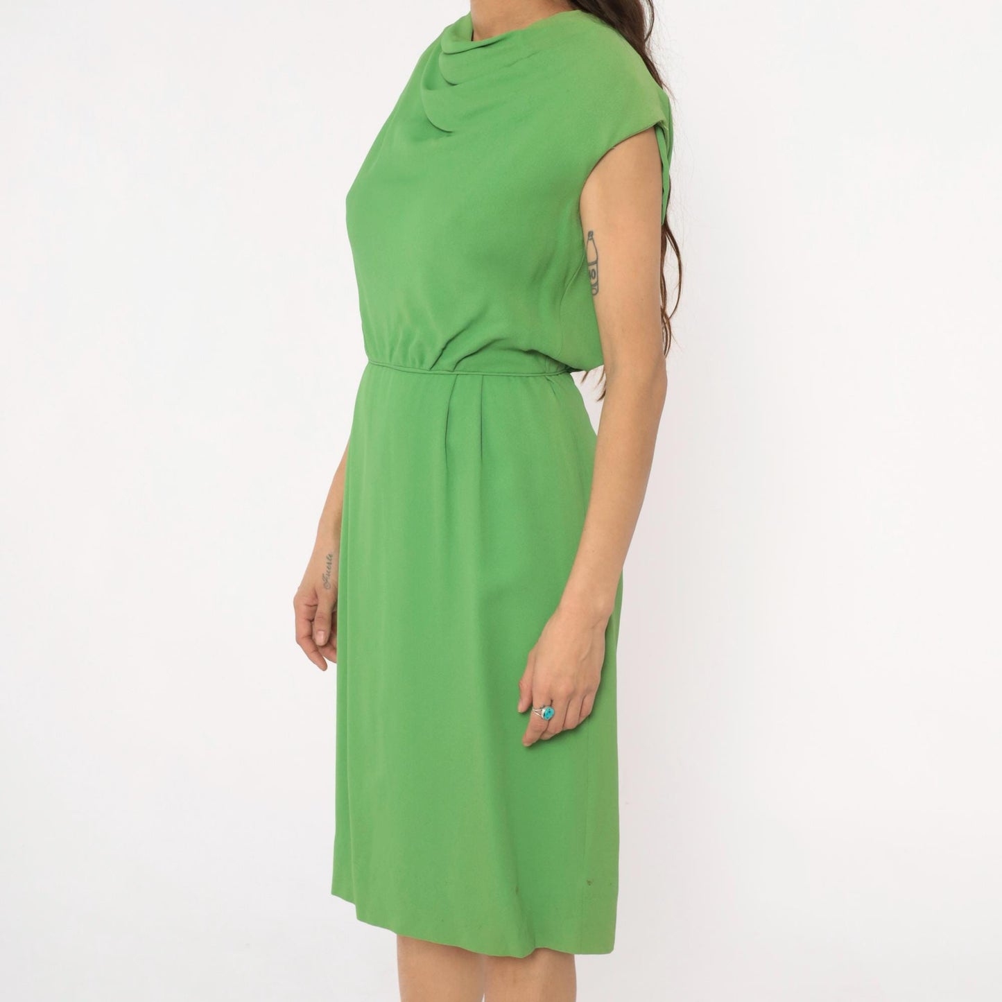 60s Richard Frontman Apple Green Cowl Neck Dress Knee-Length Small