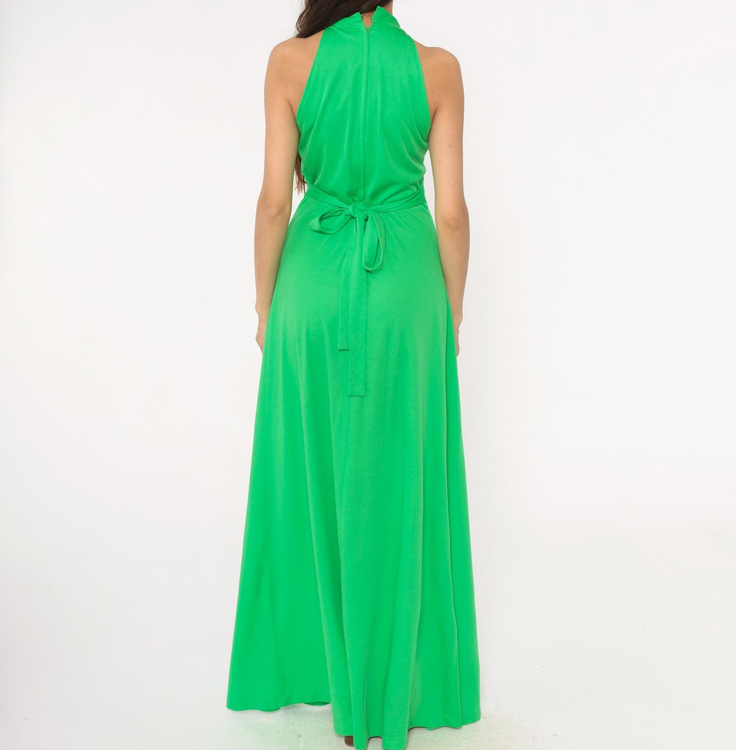 70s Green Halter Maxi Dress Deep V Neck Tie Waist Empire A-Line Medium
