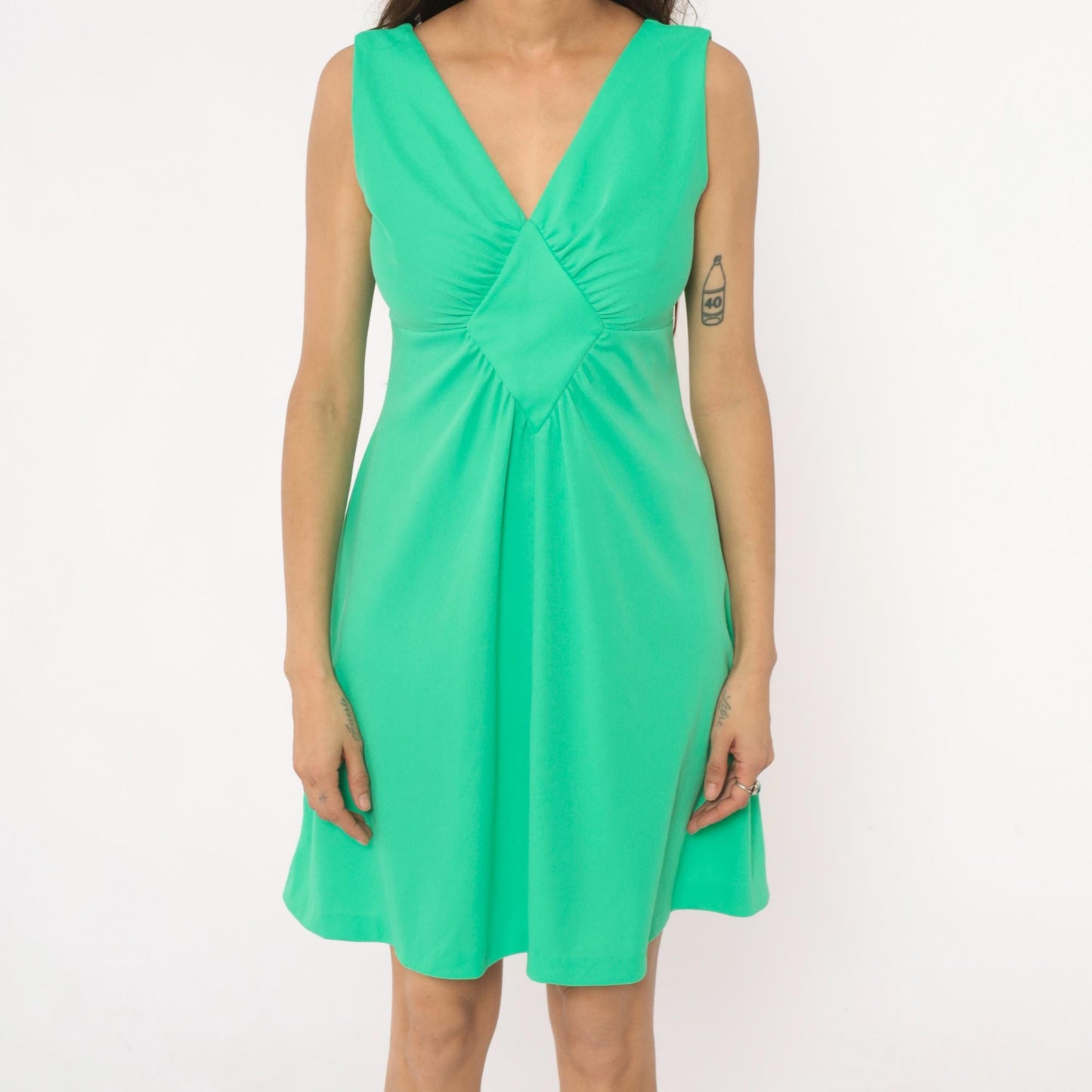 70s Mint Green Mini Dress V-Neck Ruched Bodice Sleeveless A-Line Medium M