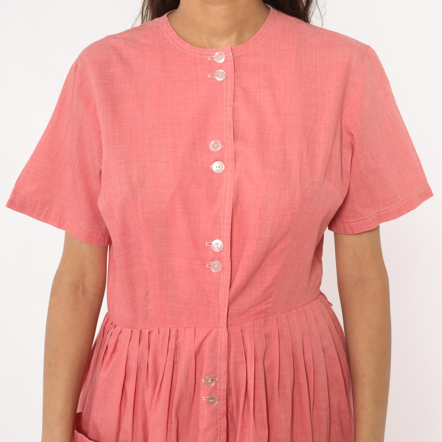 70s Coral Pink Cotton Day Dress Button Front Gathered Skirt Pockets Medium Large
