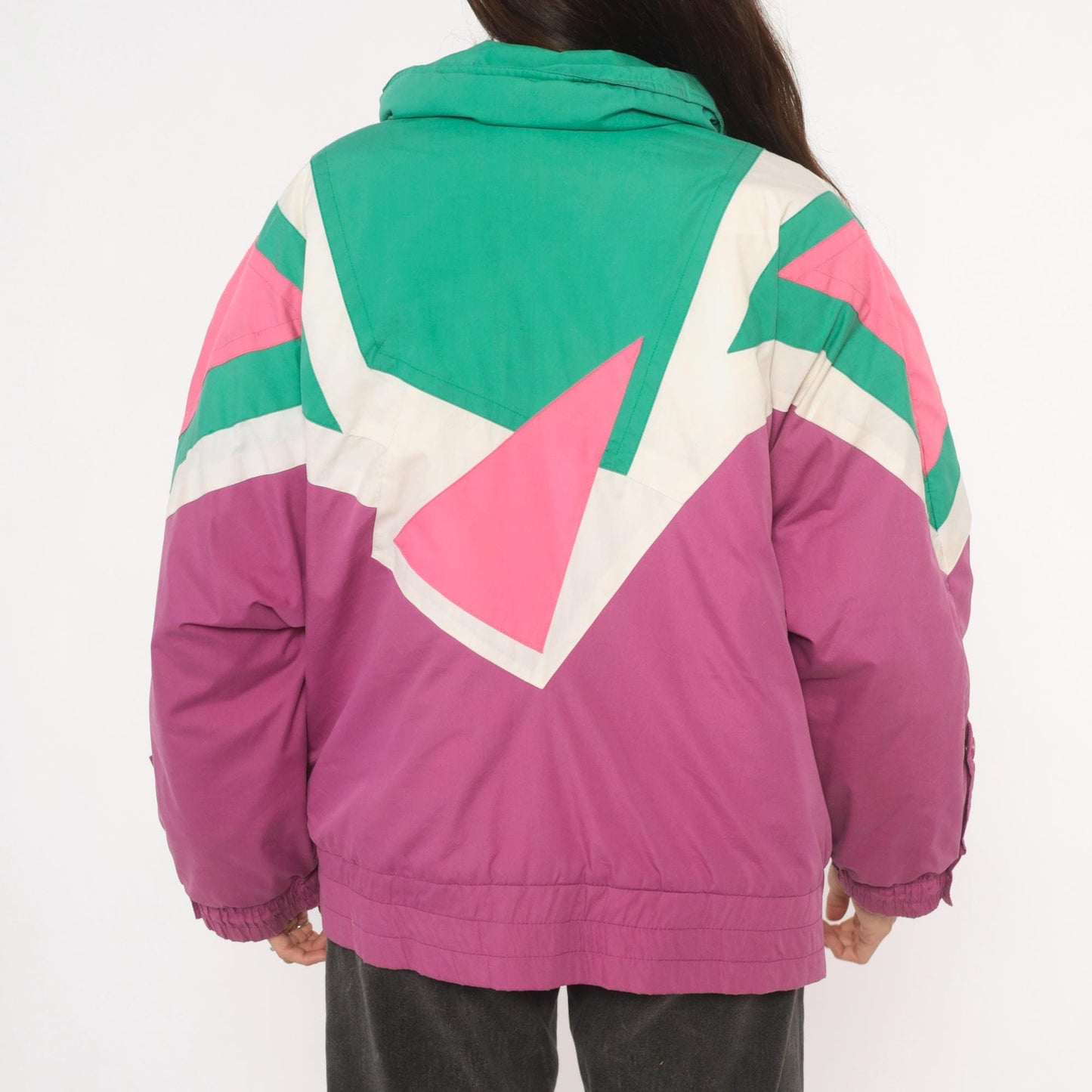 90s Kaos Ski Jacket Colorblock Teal Pink Purple Geometric Puffer Large L