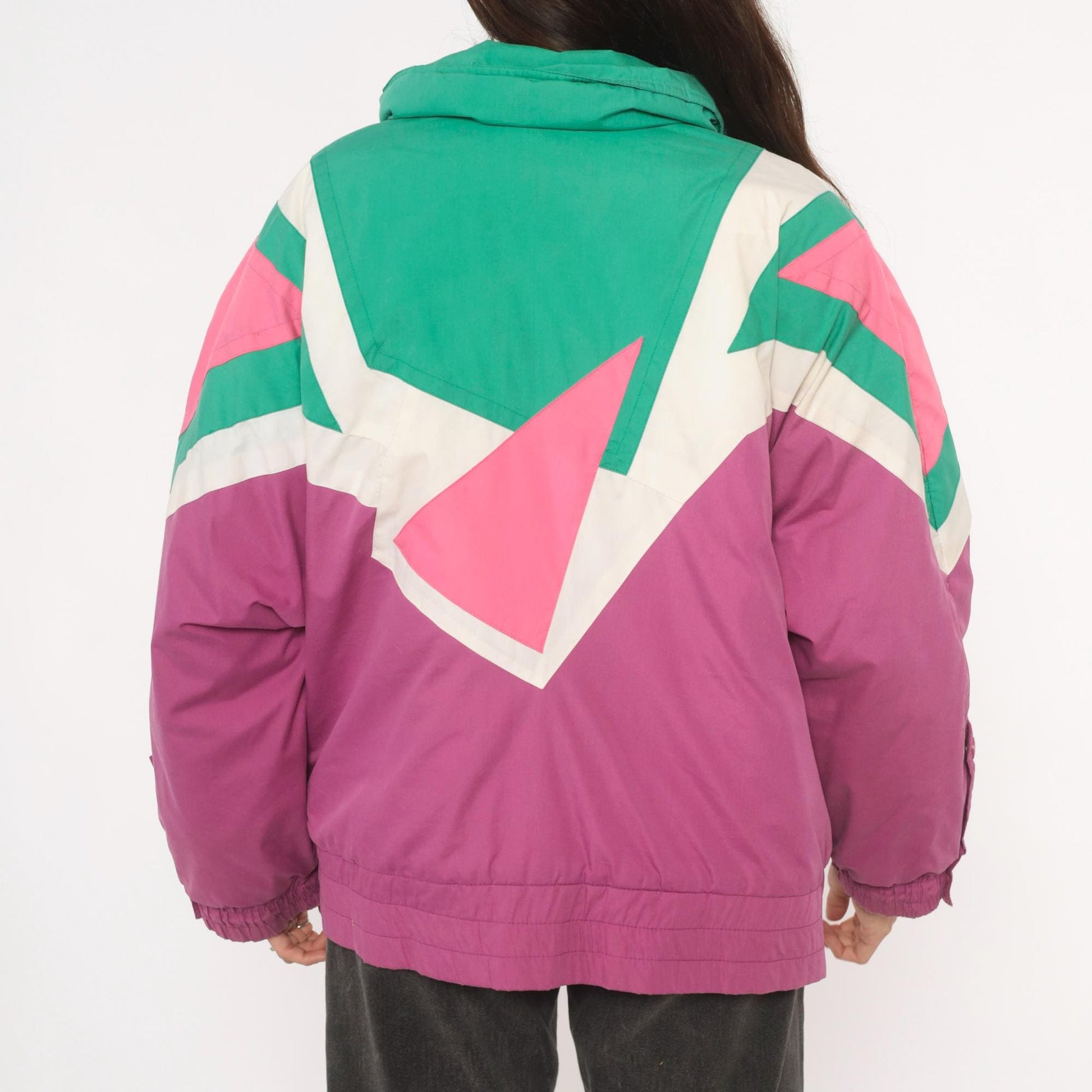 90s Kaos Ski Jacket Colorblock Teal Pink Purple Geometric Puffer Large L