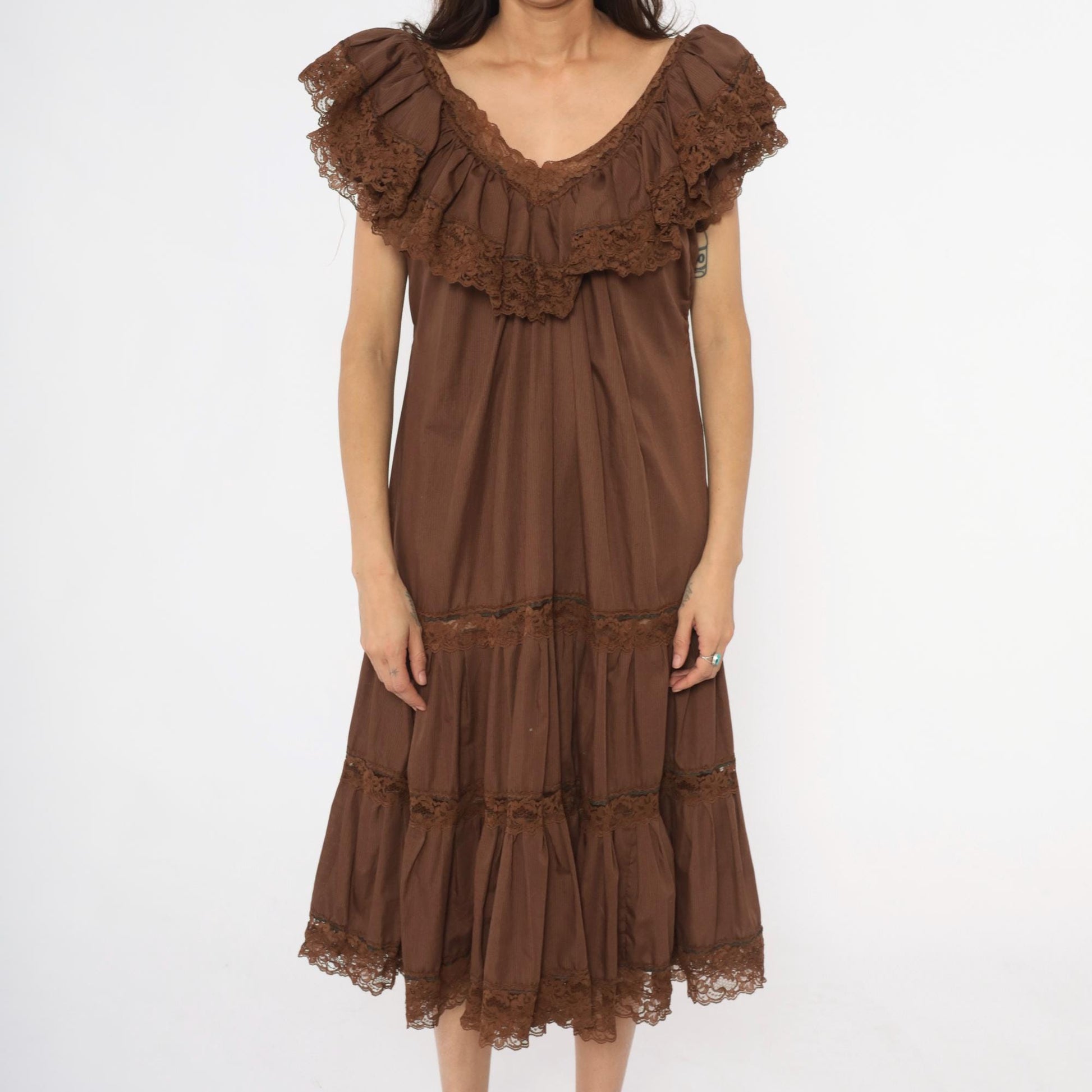 80s Brown Tiered Prairie Dress Lace Trim Cap Sleeve Midi Medium Large