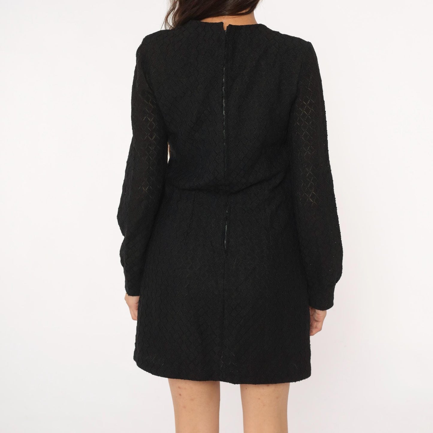 60s Black Mini Dress Diamond Quilted Long Sleeve Crew Neck Small