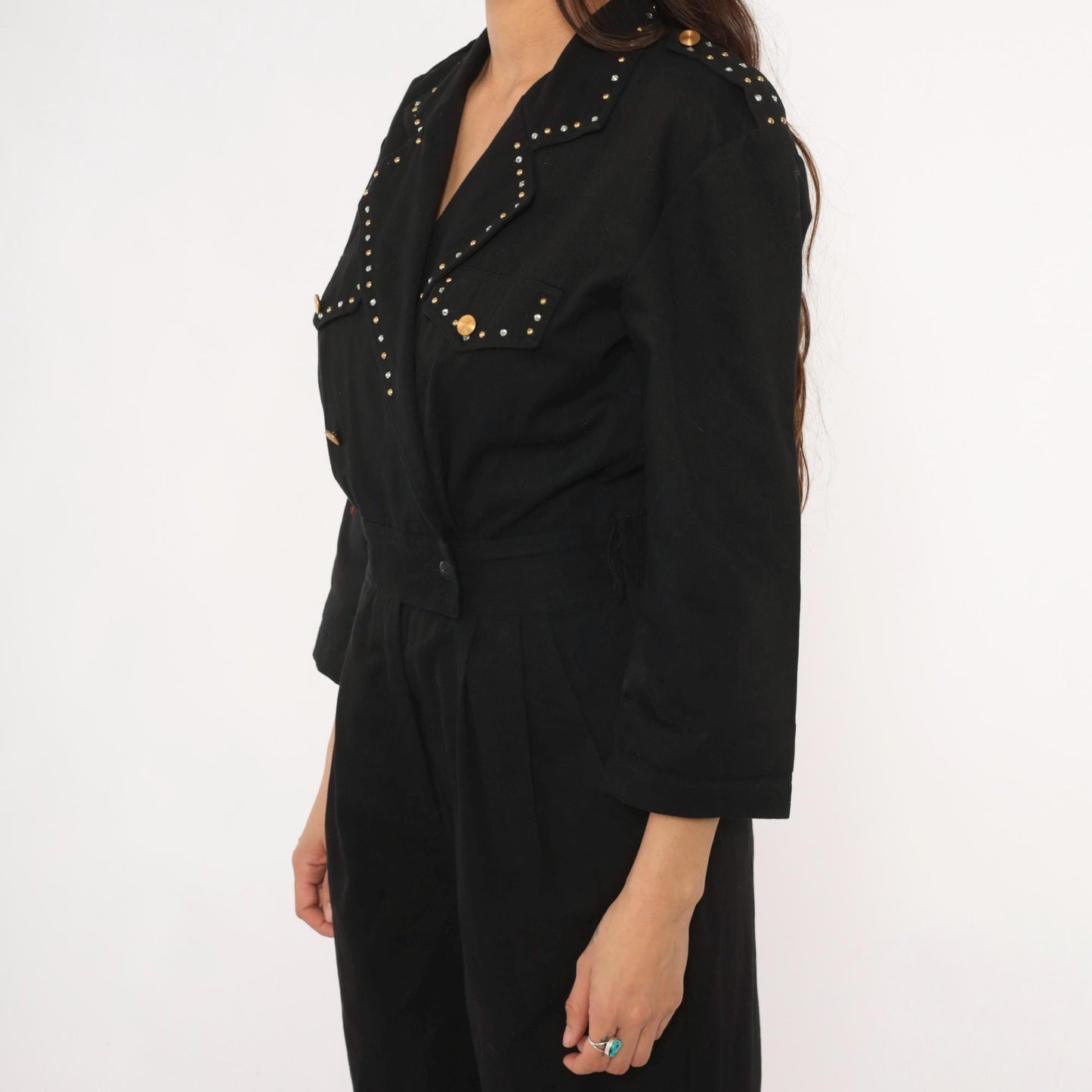 90s D Frank Black Cotton Jumpsuit Rhinestone V-Neck Wide Leg Small S