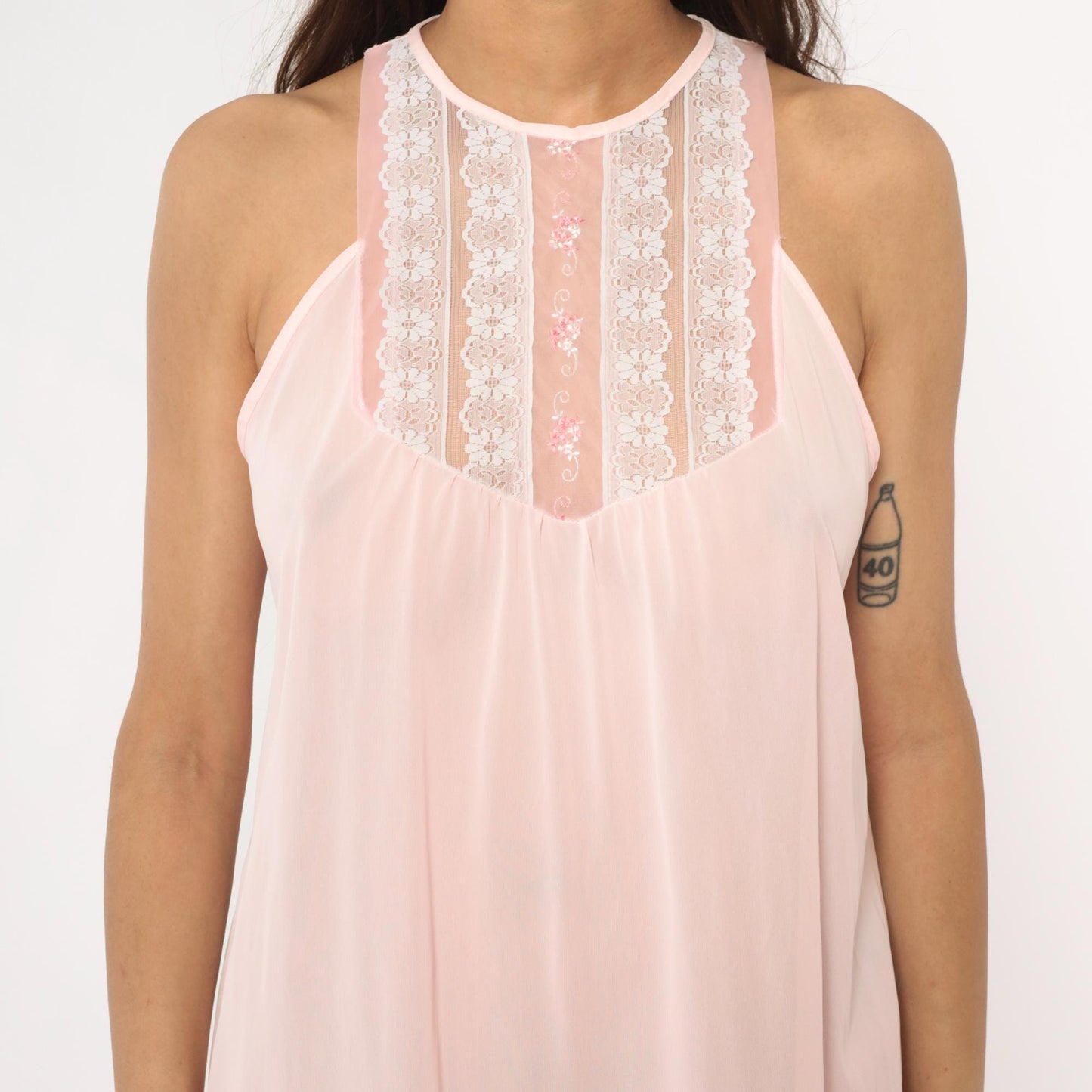 80s Pink Halter Maxi Nightgown Lace Floral Embroidered Empire Waist Medium